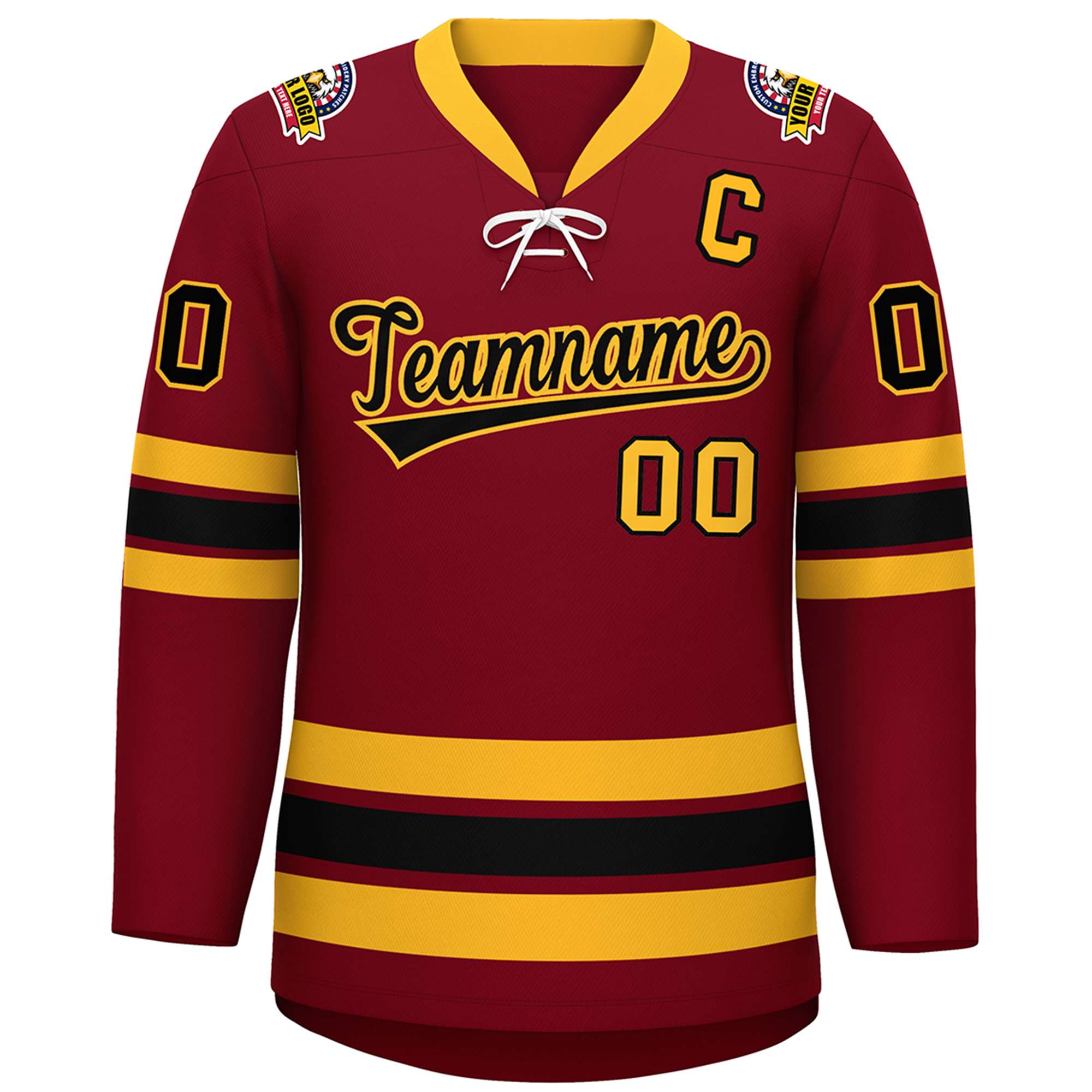 Custom Crimson Black-Yellow Lace-Up Neck Hockey Jersey