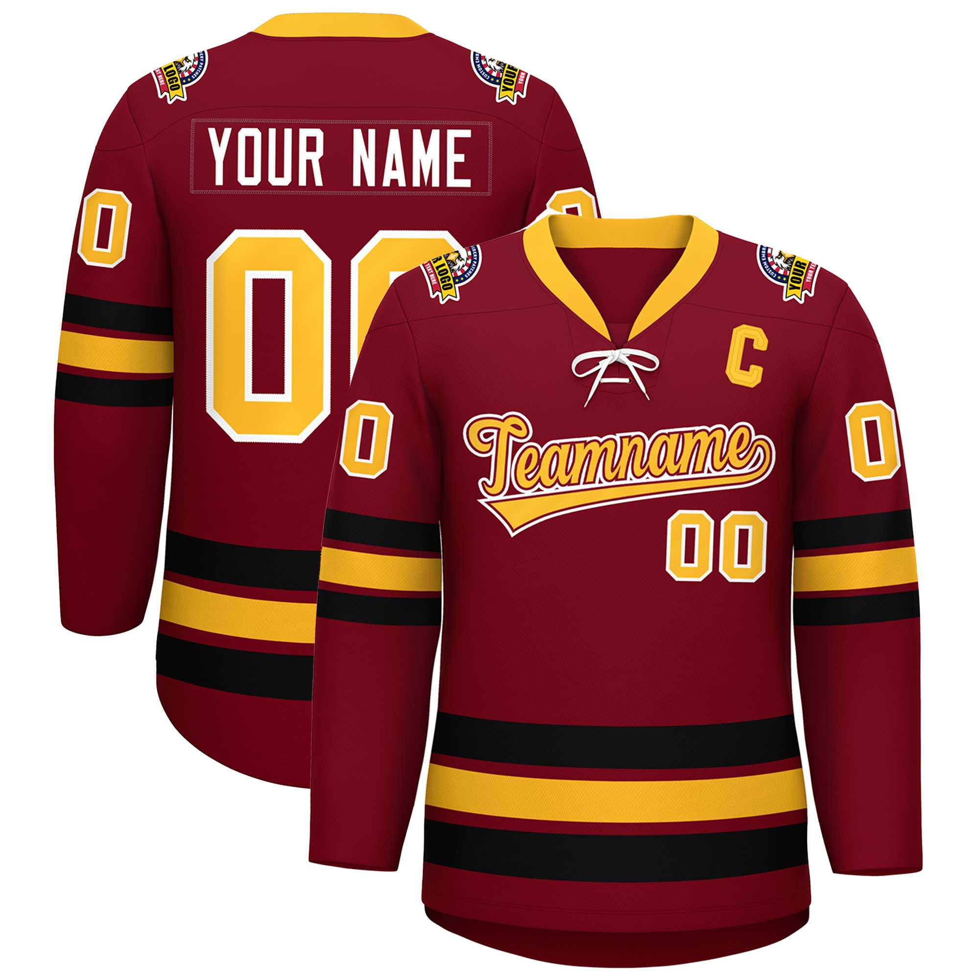 Custom Crimson Yellow-Black Lace-Up Neck Hockey Jersey