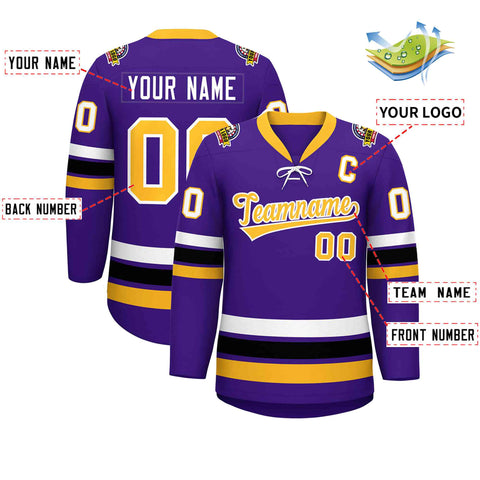 Custom Purple Yellow-White Lace-Up Neck Hockey Jersey
