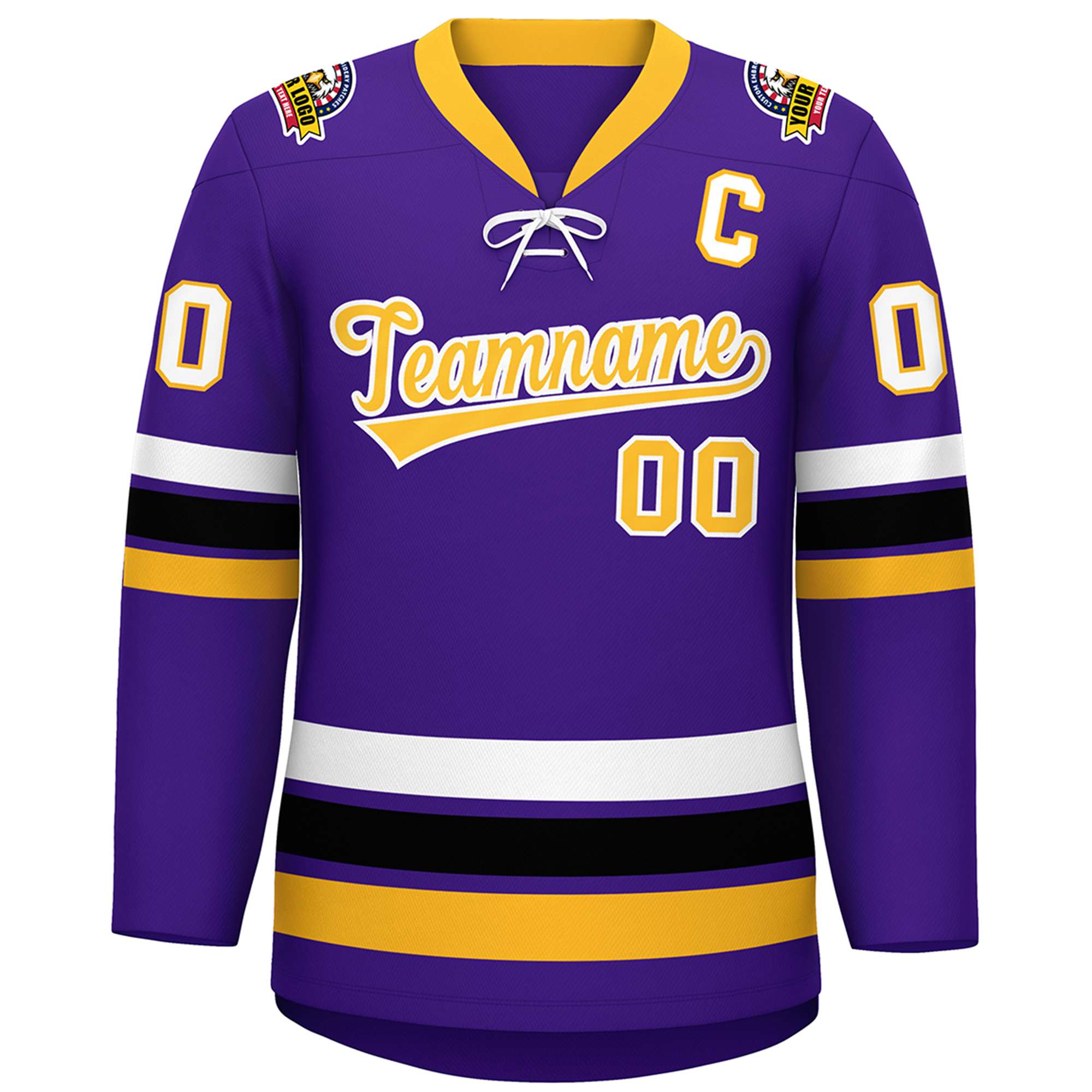 Custom Purple Yellow-White Lace-Up Neck Hockey Jersey