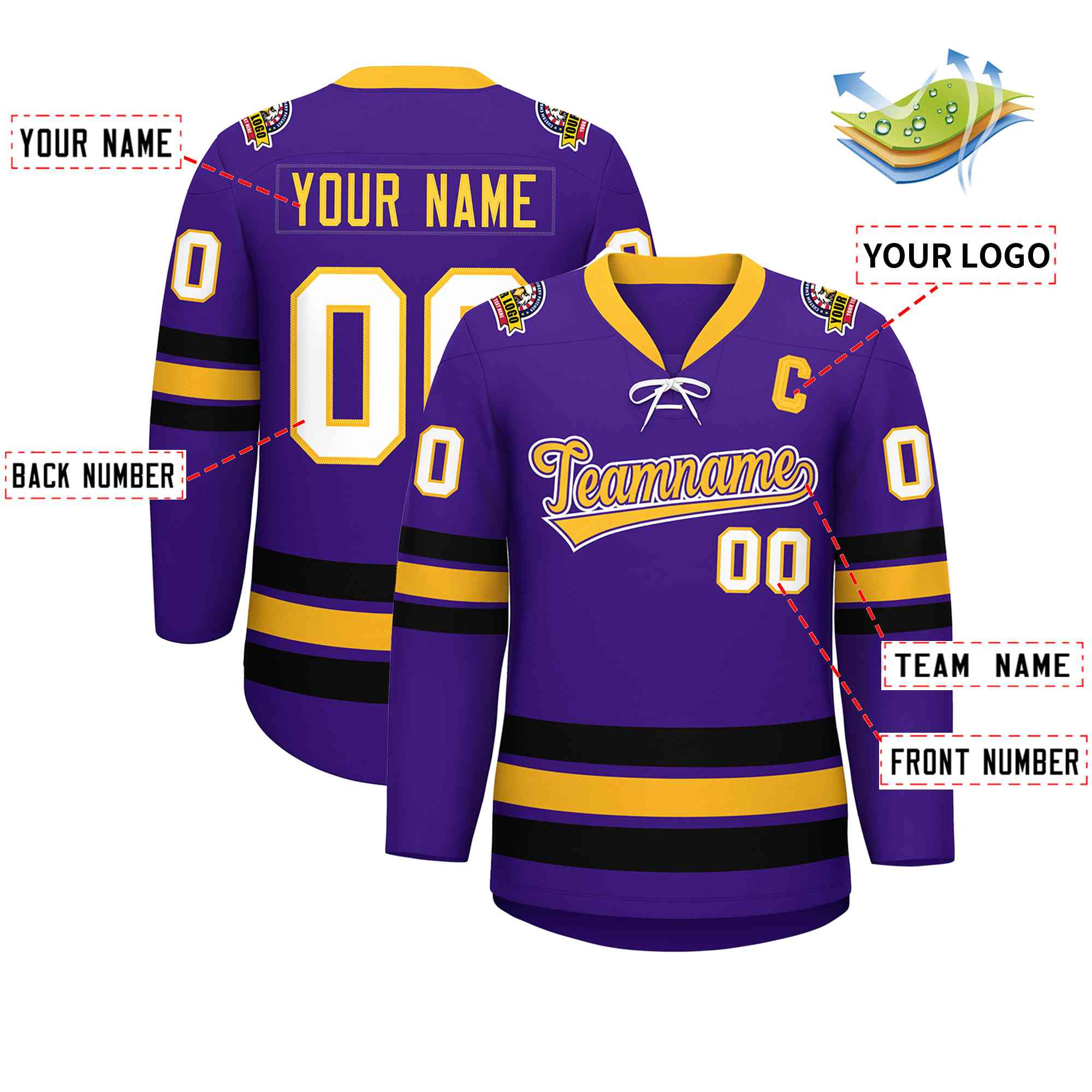 Custom Purple Yellow-Black Lace-Up Neck Hockey Jersey