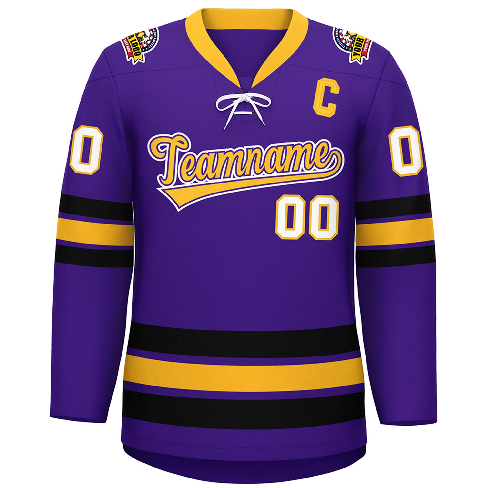 Custom Purple Yellow-Black Lace-Up Neck Hockey Jersey