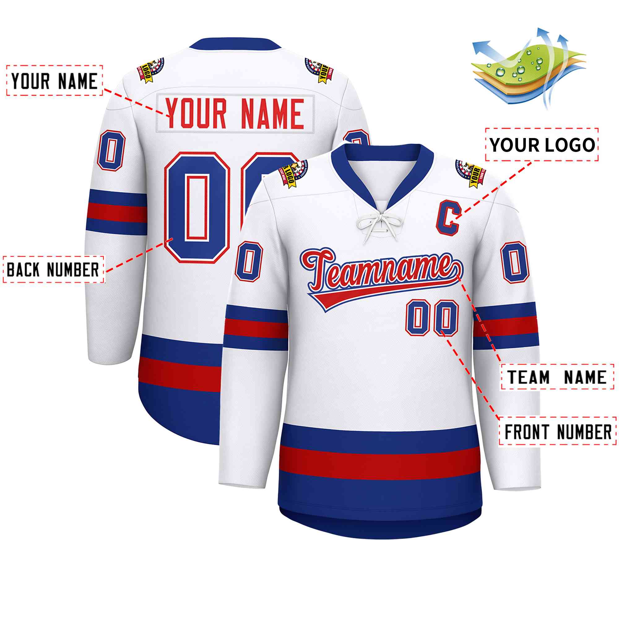 Custom White Red-Royal Lace-Up Neck Hockey Jersey