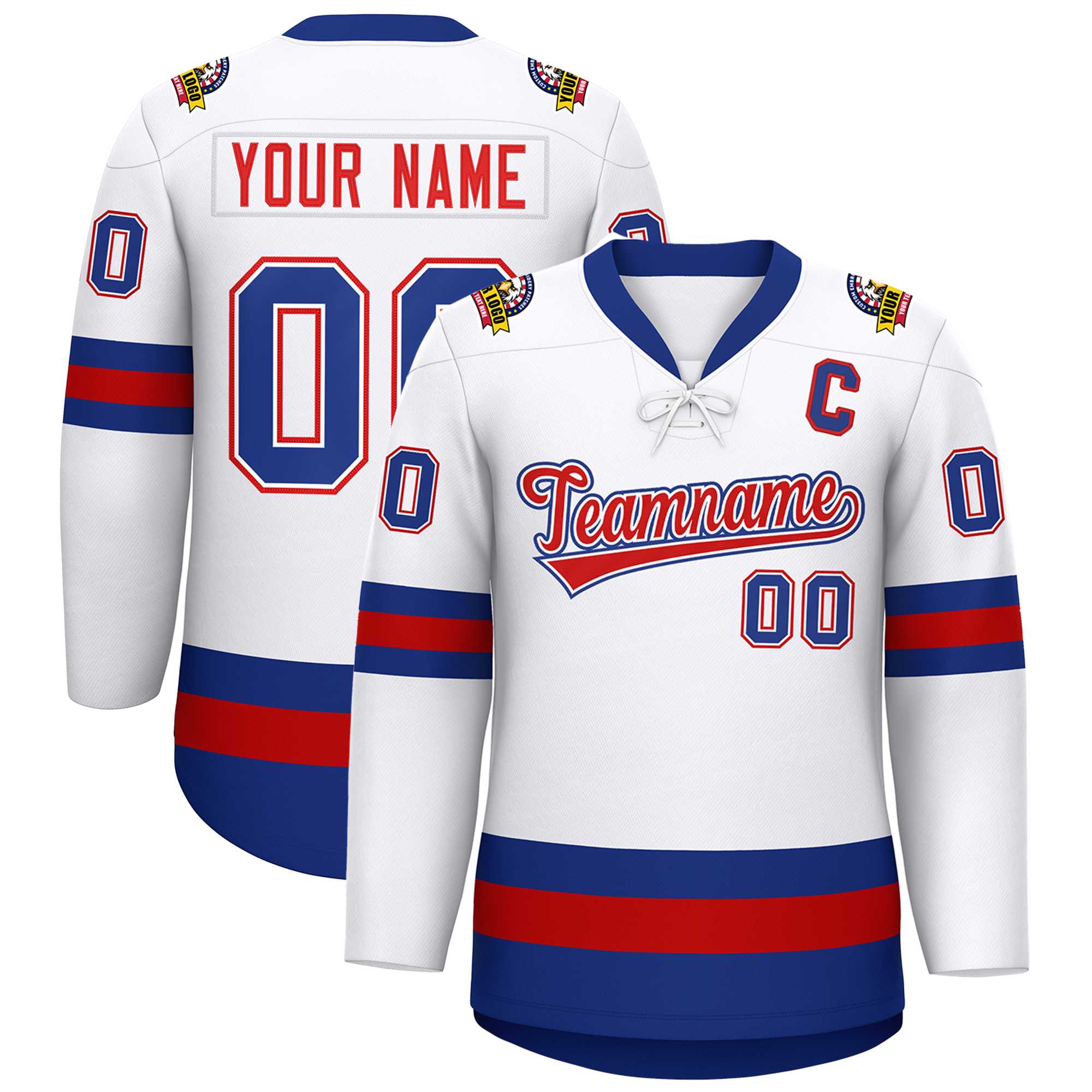 Custom White Red-Royal Lace-Up Neck Hockey Jersey