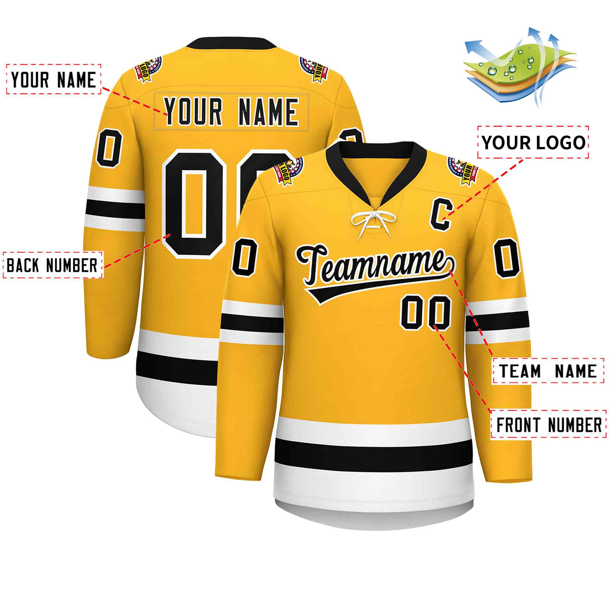 Custom Gold Black-White Lace-Up Neck Hockey Jersey