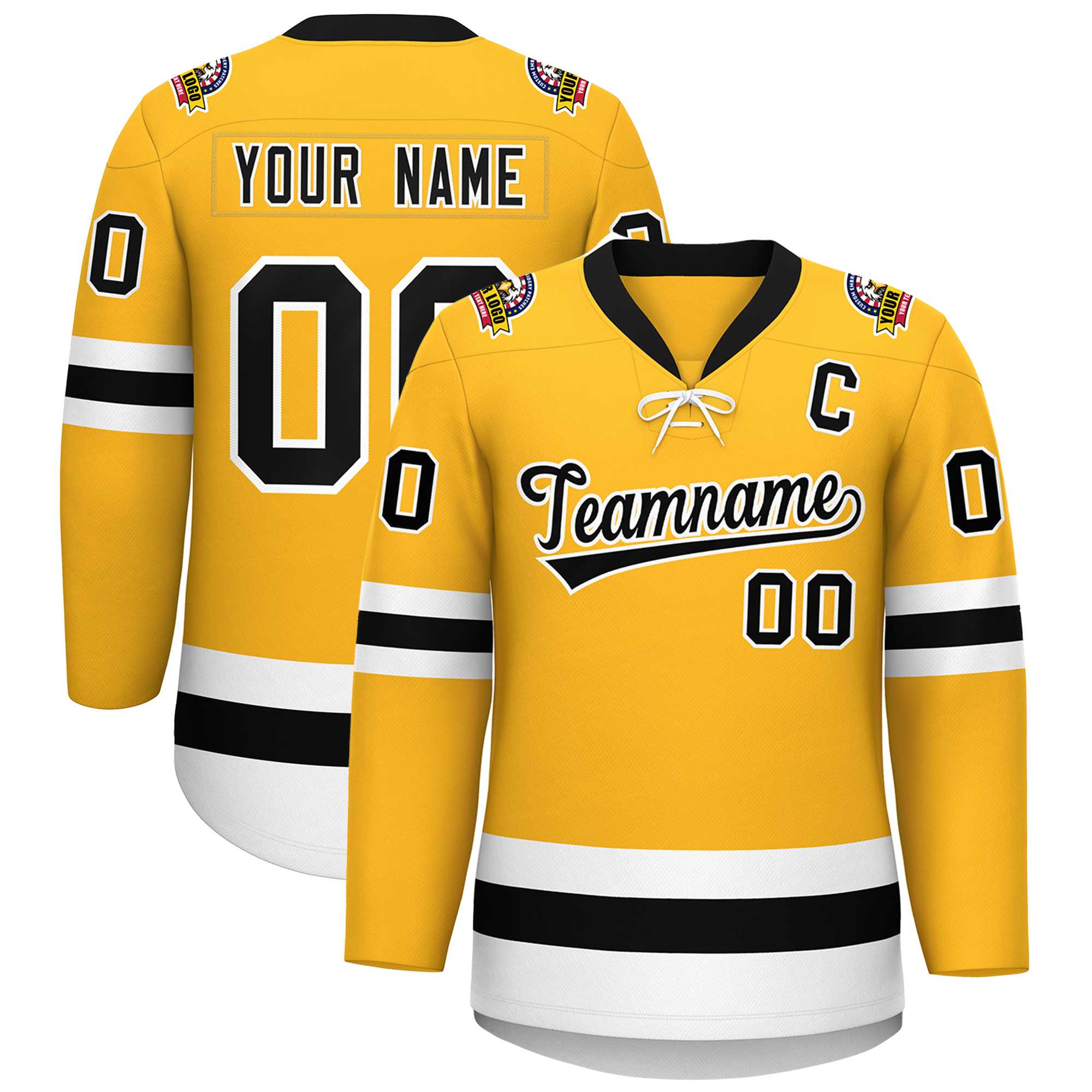 Custom Gold Black-White Lace-Up Neck Hockey Jersey