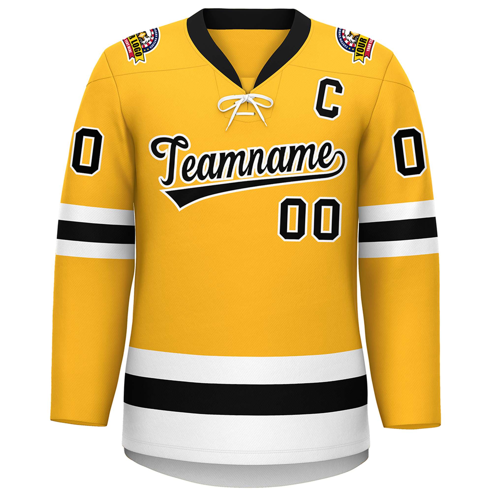 Custom Gold Black-White Lace-Up Neck Hockey Jersey