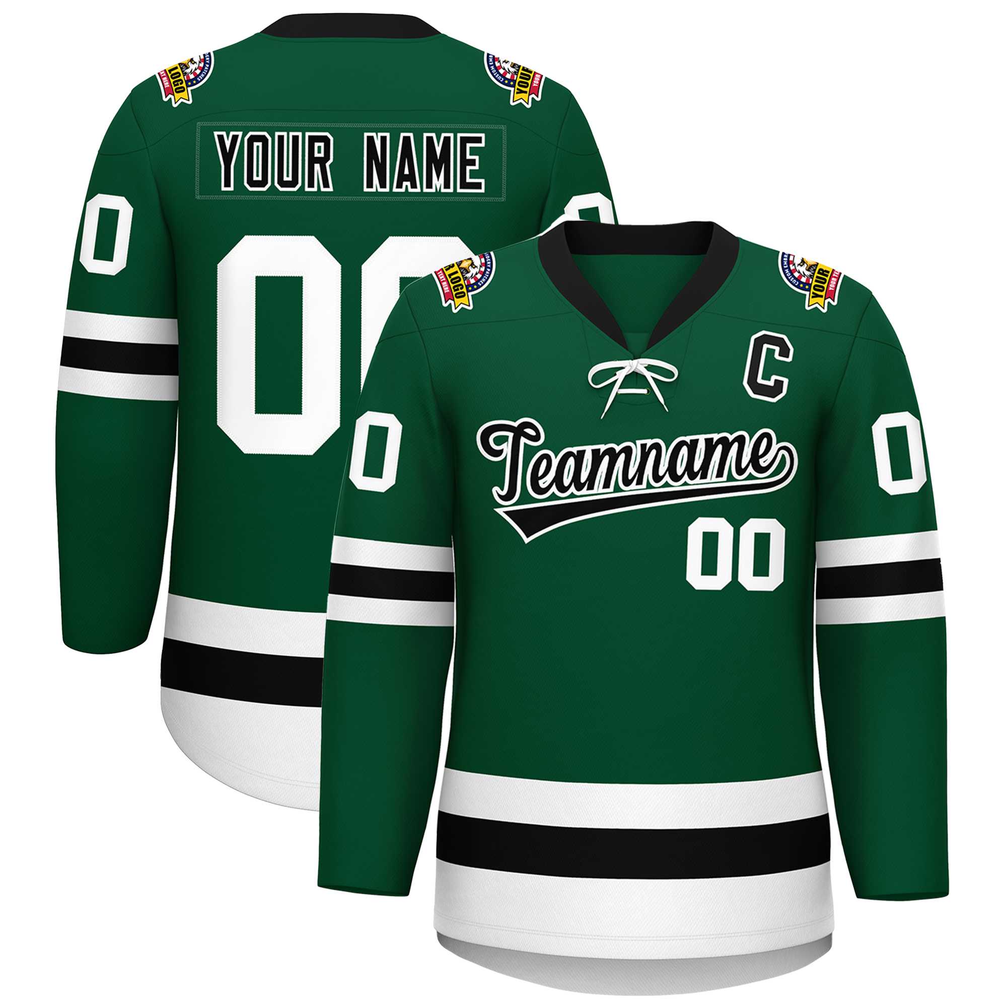 Custom Green Black-White Lace-Up Neck Hockey Jersey