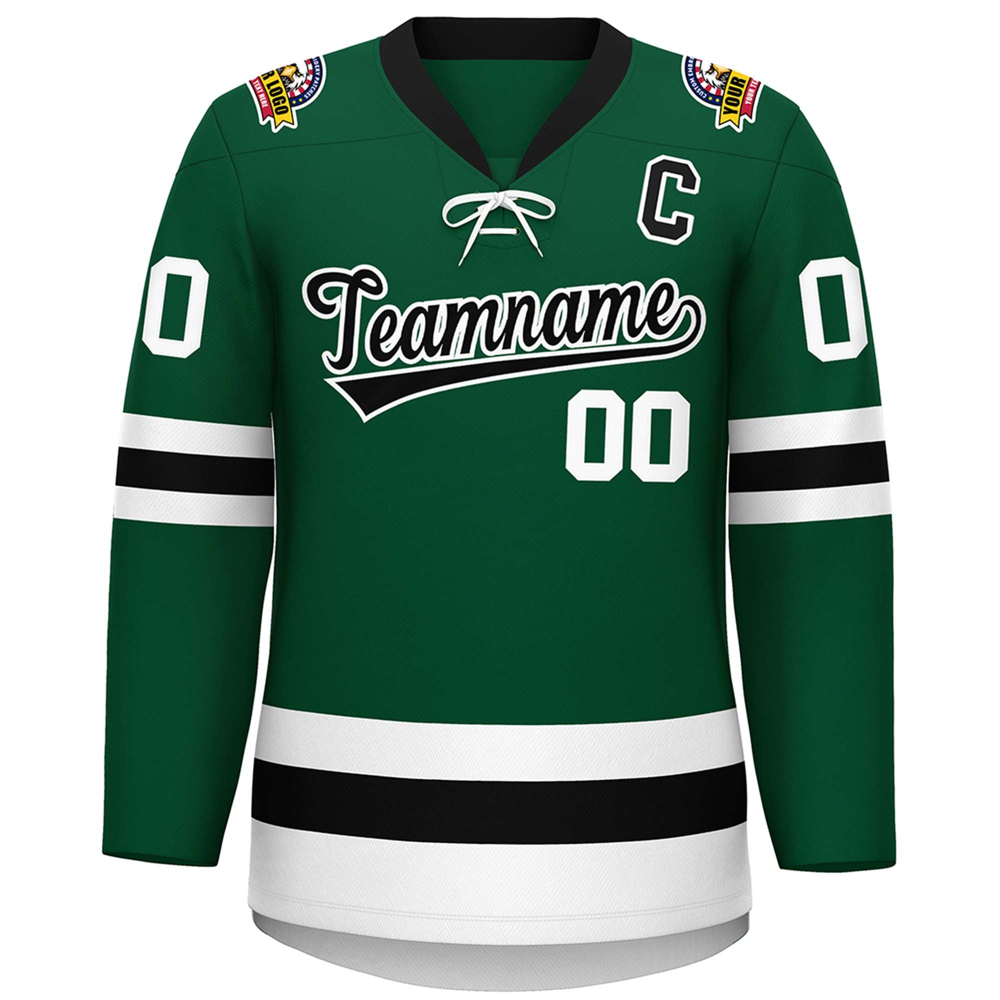 Custom Green Black-White Lace-Up Neck Hockey Jersey