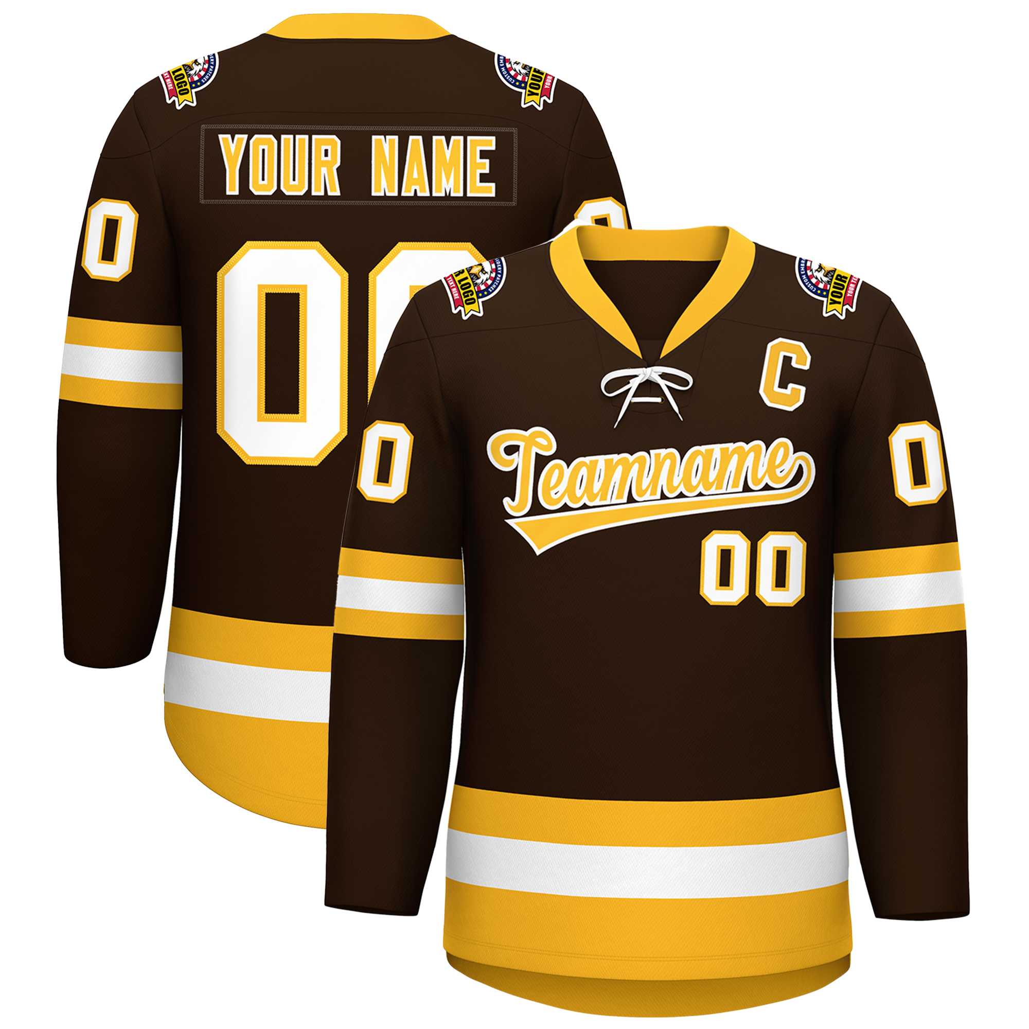 Custom Brown Gold-White Lace-Up Neck Hockey Jersey