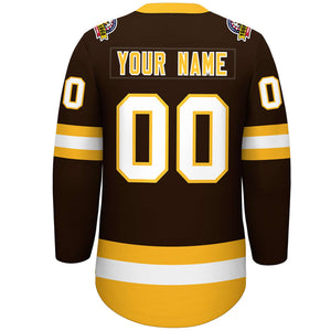 Custom Brown Gold-White Lace-Up Neck Hockey Jersey