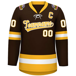 Custom Brown Gold-White Lace-Up Neck Hockey Jersey