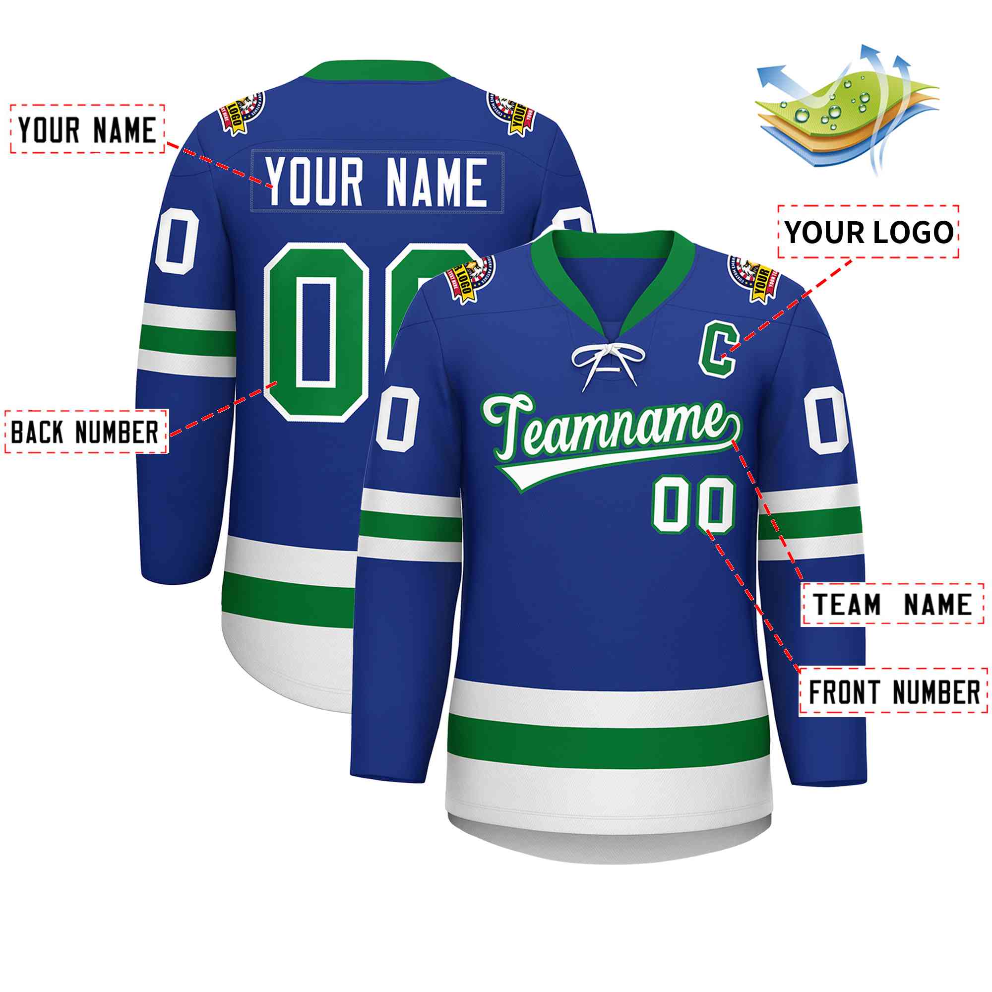 Custom Royal Kelly Green-White Lace-Up Neck Hockey Jersey