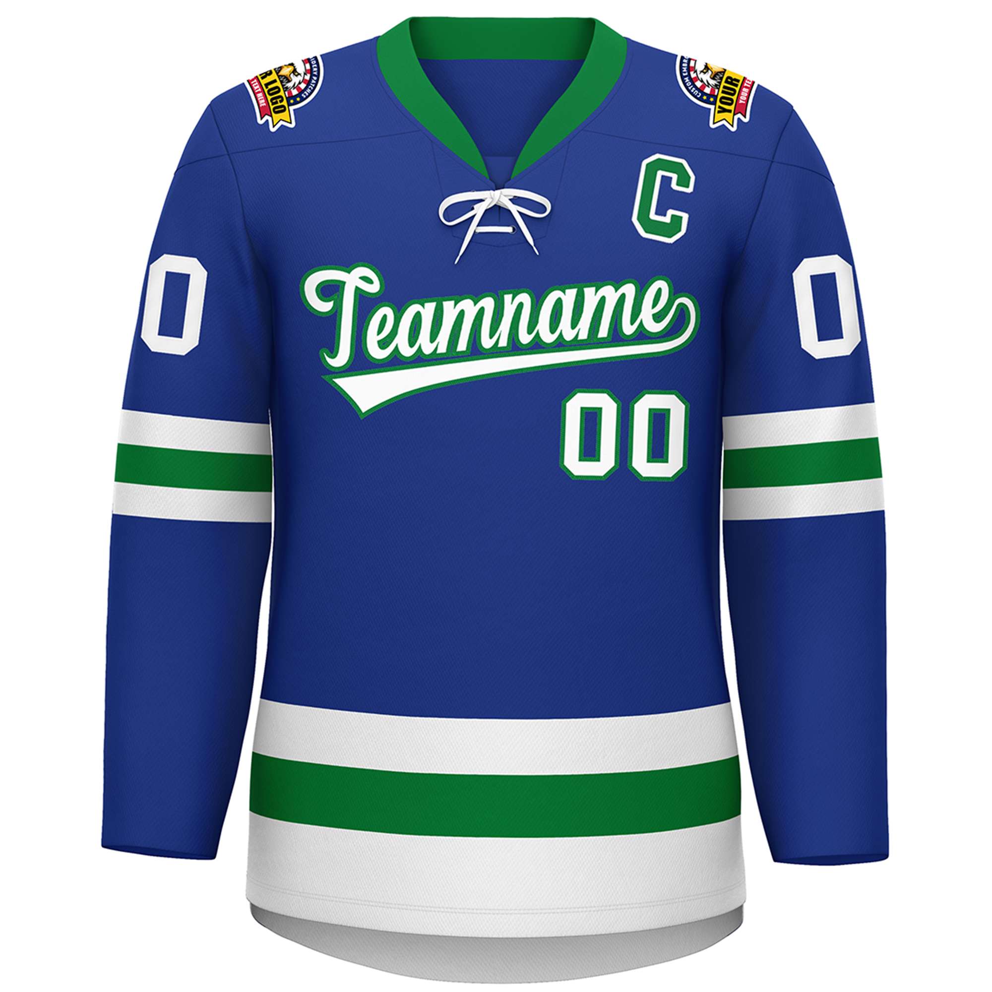 Custom Royal Kelly Green-White Lace-Up Neck Hockey Jersey