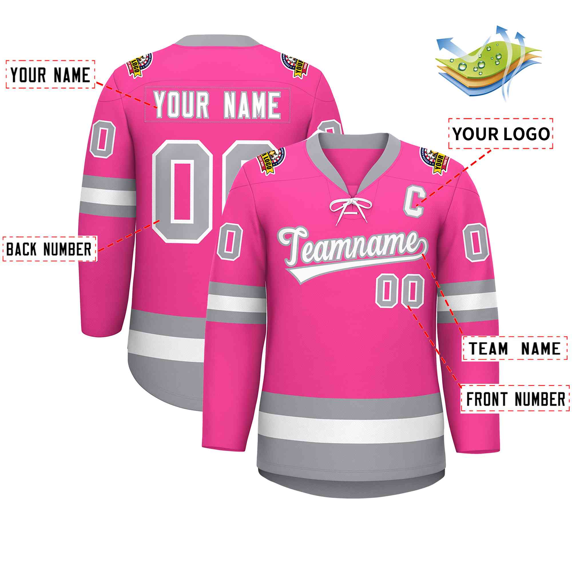 Custom Pink White-Gray Lace-Up Neck Hockey Jersey