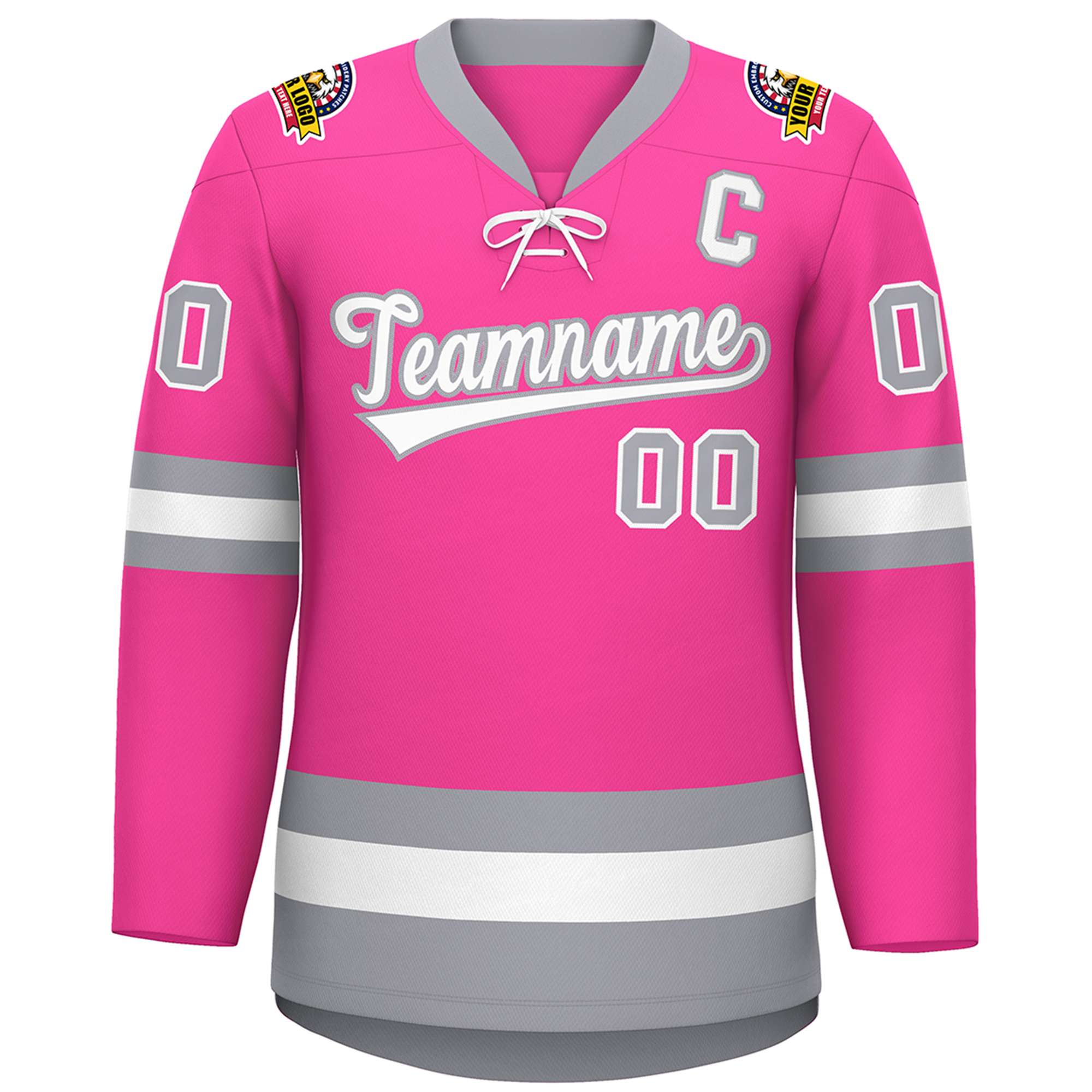 Custom Pink White-Gray Lace-Up Neck Hockey Jersey