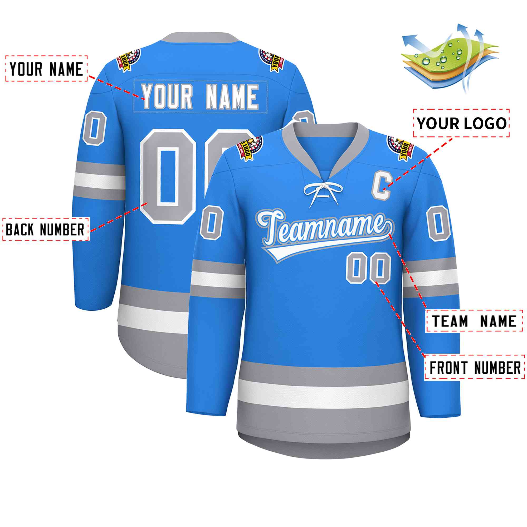 Custom Powder Blue White-Gray Lace-Up Neck Hockey Jersey