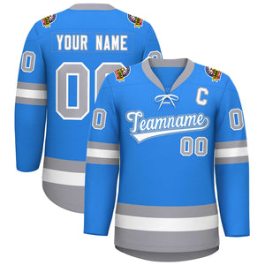 Custom Powder Blue White-Gray Lace-Up Neck Hockey Jersey