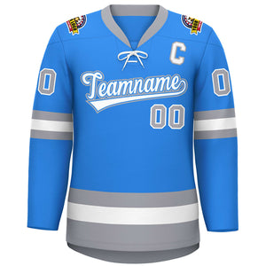 Custom Powder Blue White-Gray Lace-Up Neck Hockey Jersey