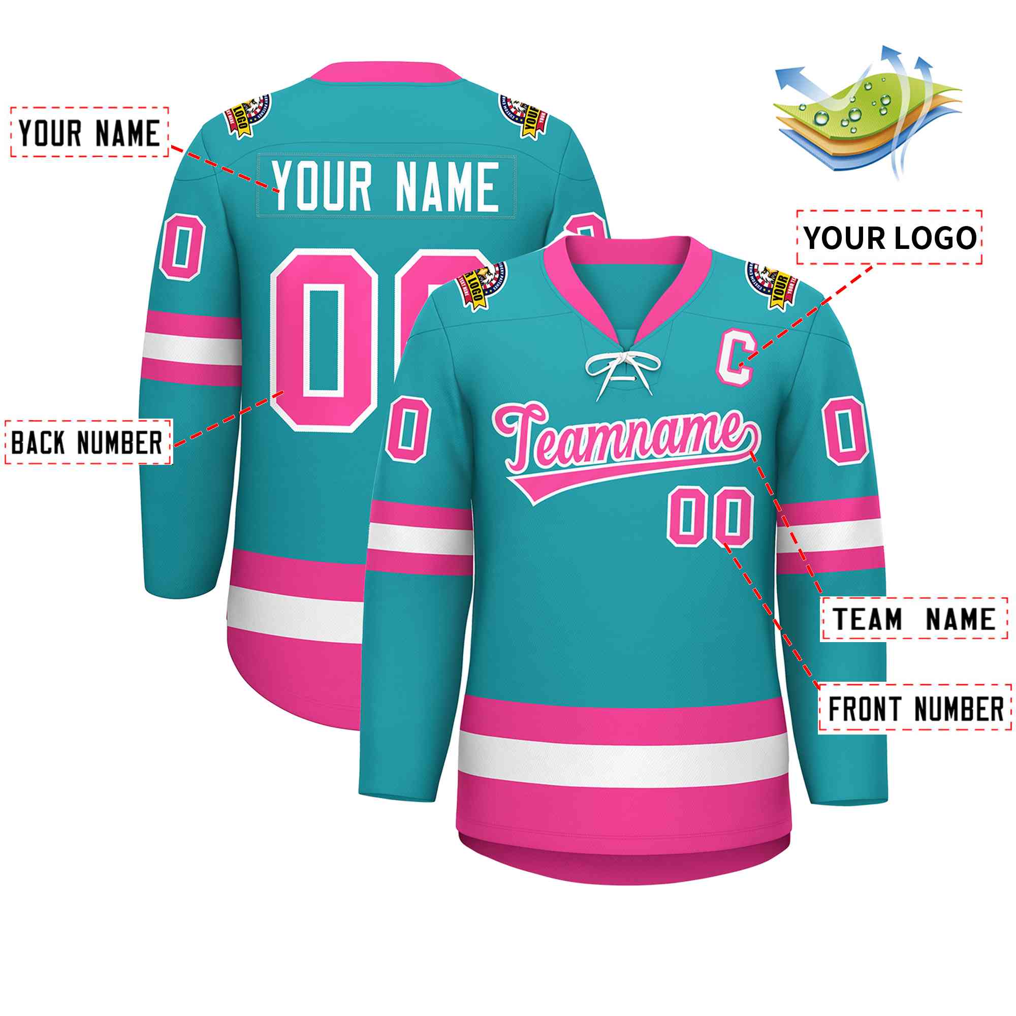 Custom Aqua Pink-White Lace-Up Neck Hockey Jersey