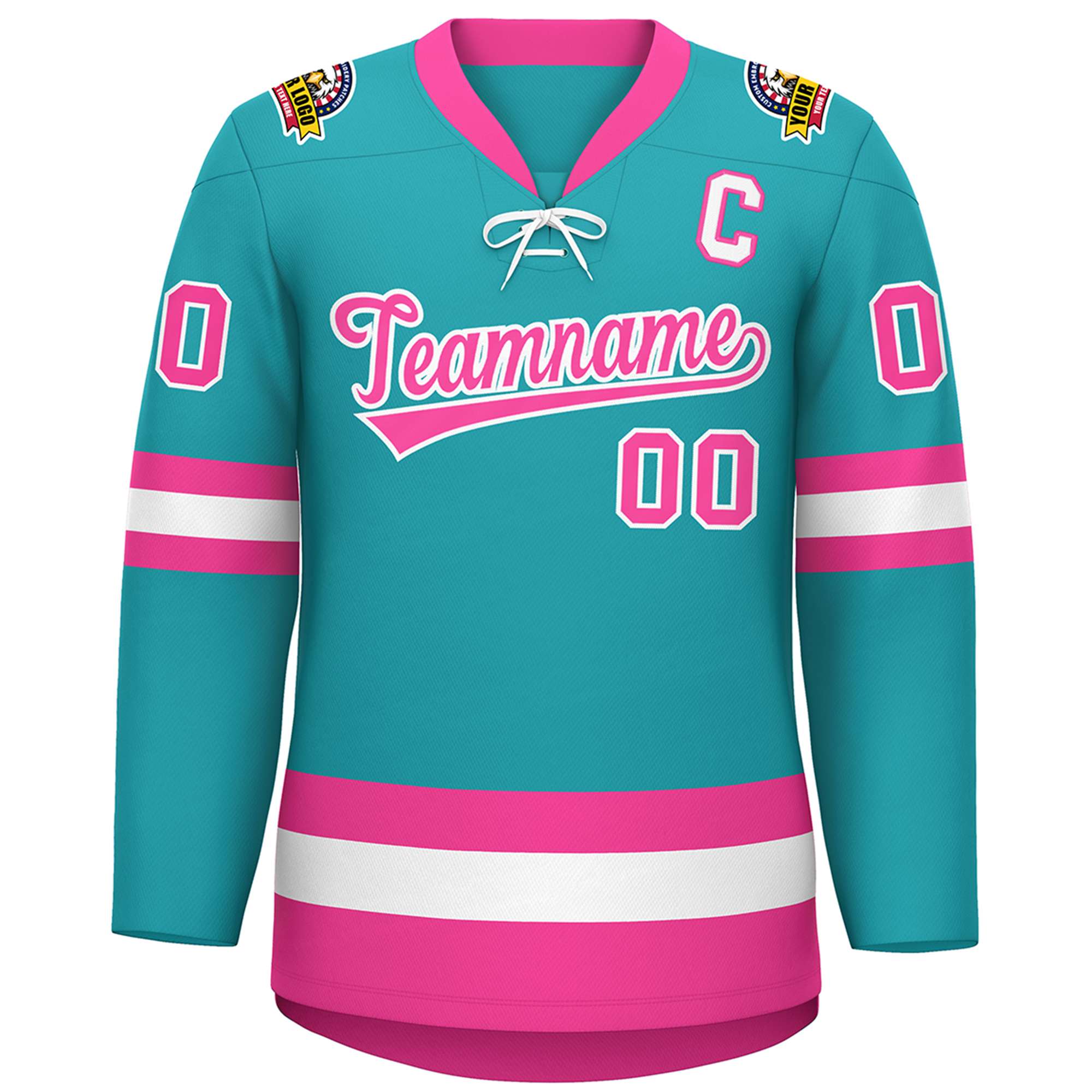 Custom Aqua Pink-White Lace-Up Neck Hockey Jersey