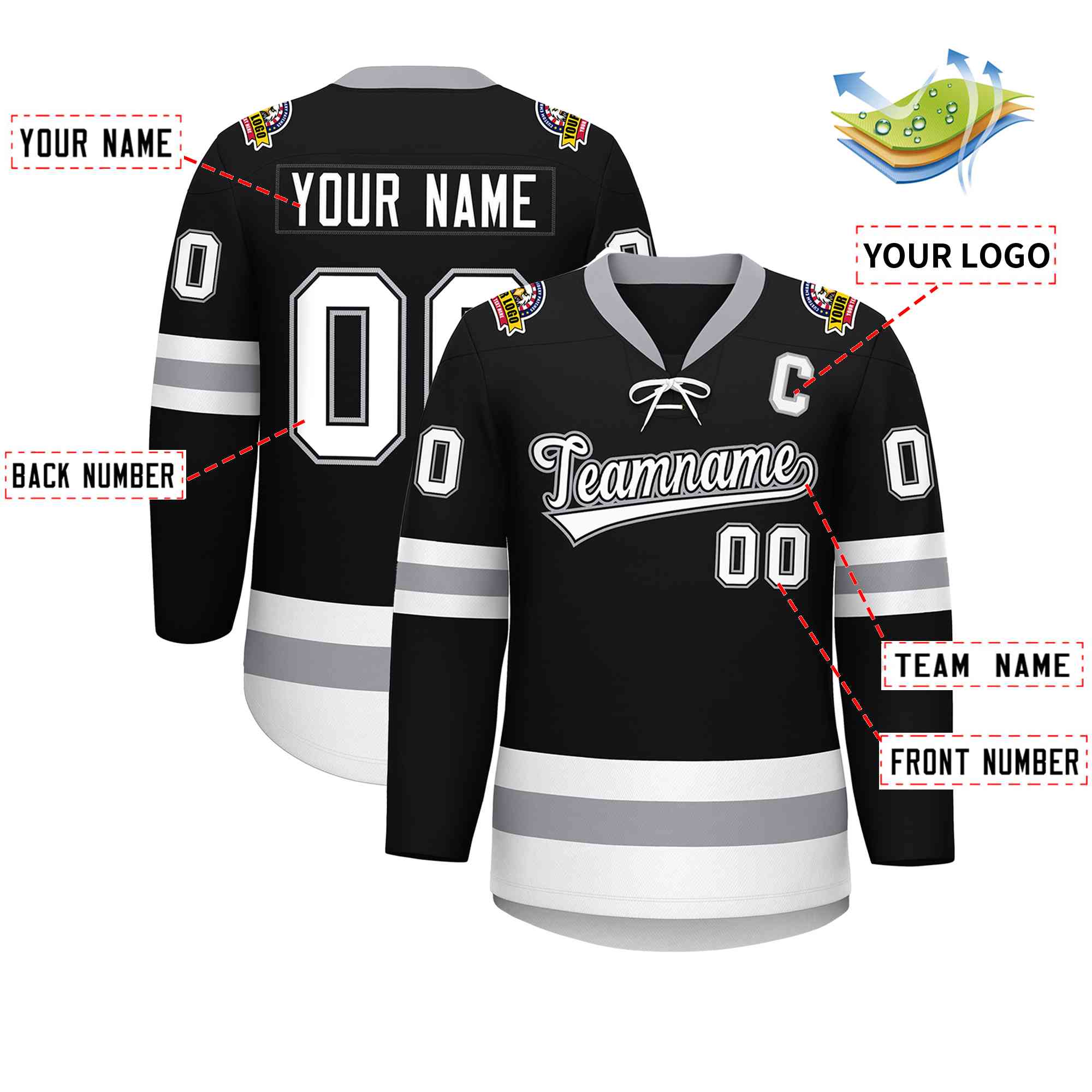 Custom Black White-Gray Lace-Up Neck Hockey Jersey