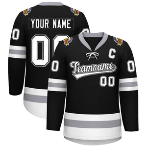 Custom Black White-Gray Lace-Up Neck Hockey Jersey