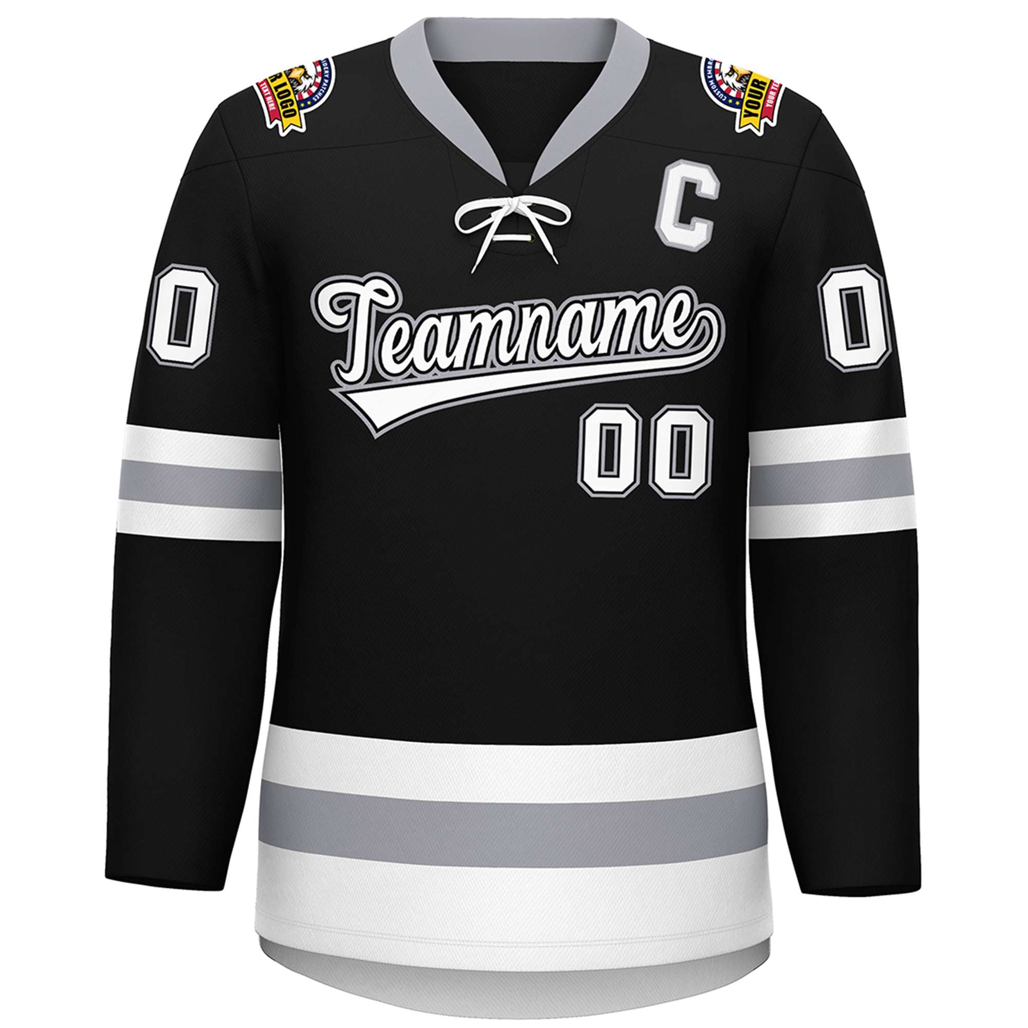 Custom Black White-Gray Lace-Up Neck Hockey Jersey