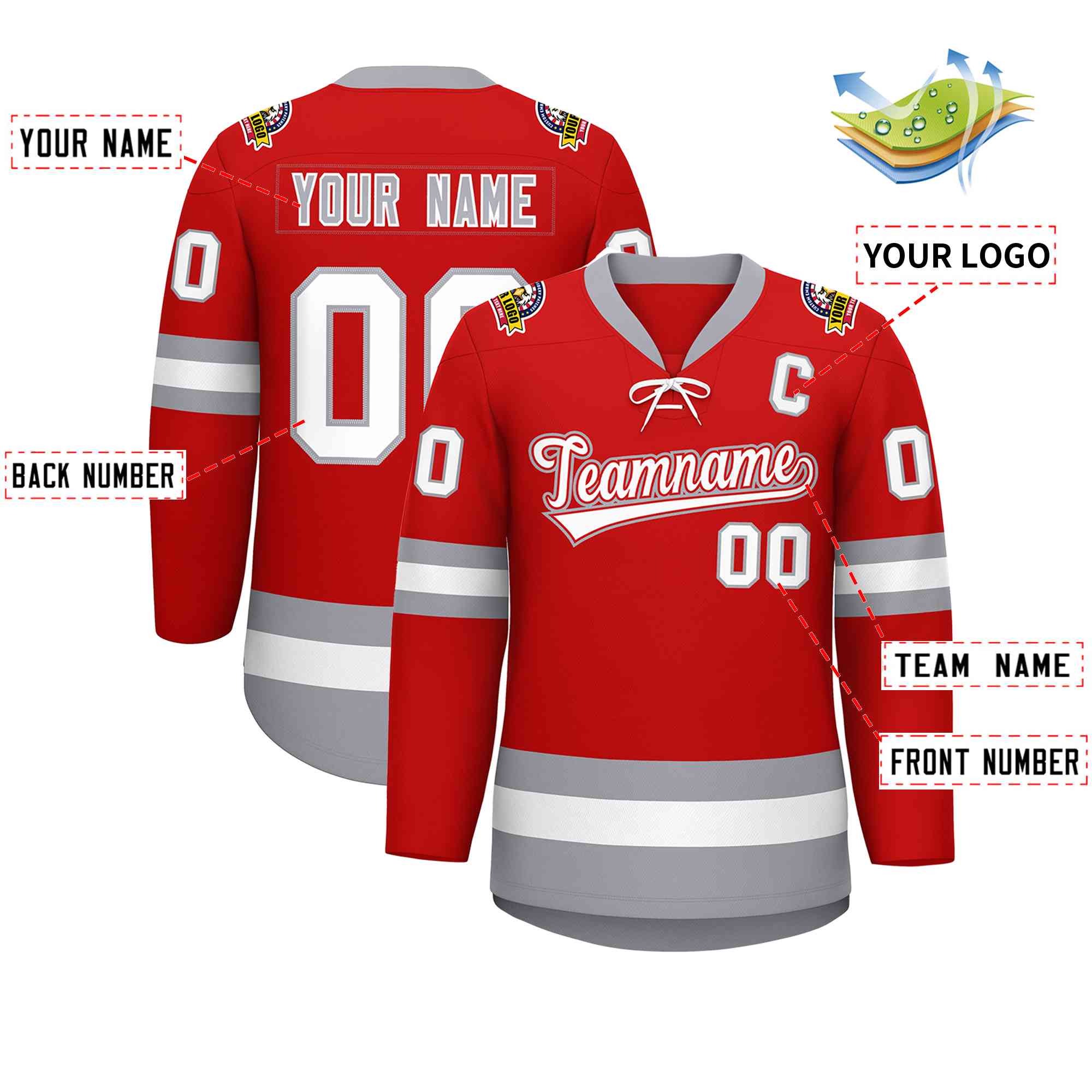 Custom Red White-Gray Lace-Up Neck Hockey Jersey