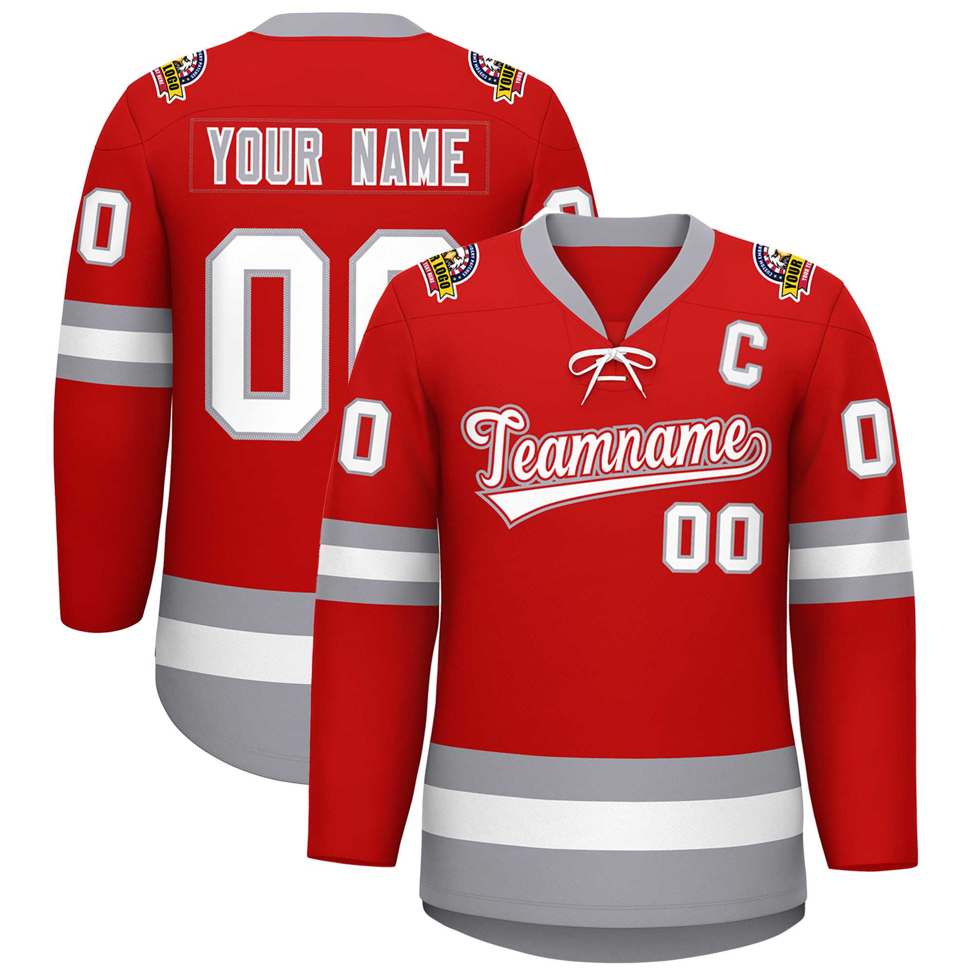 Custom Red White-Gray Lace-Up Neck Hockey Jersey