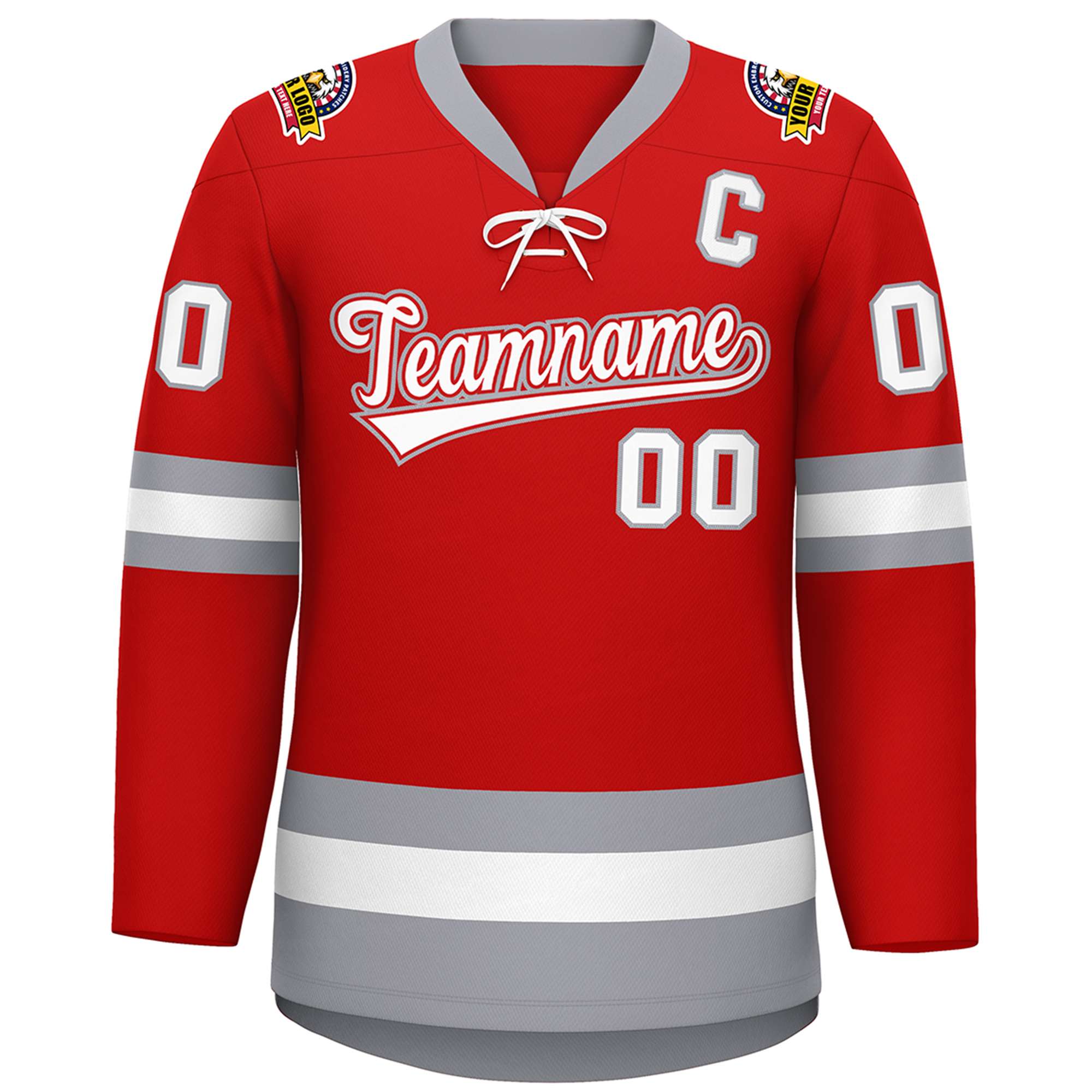 Custom Red White-Gray Lace-Up Neck Hockey Jersey