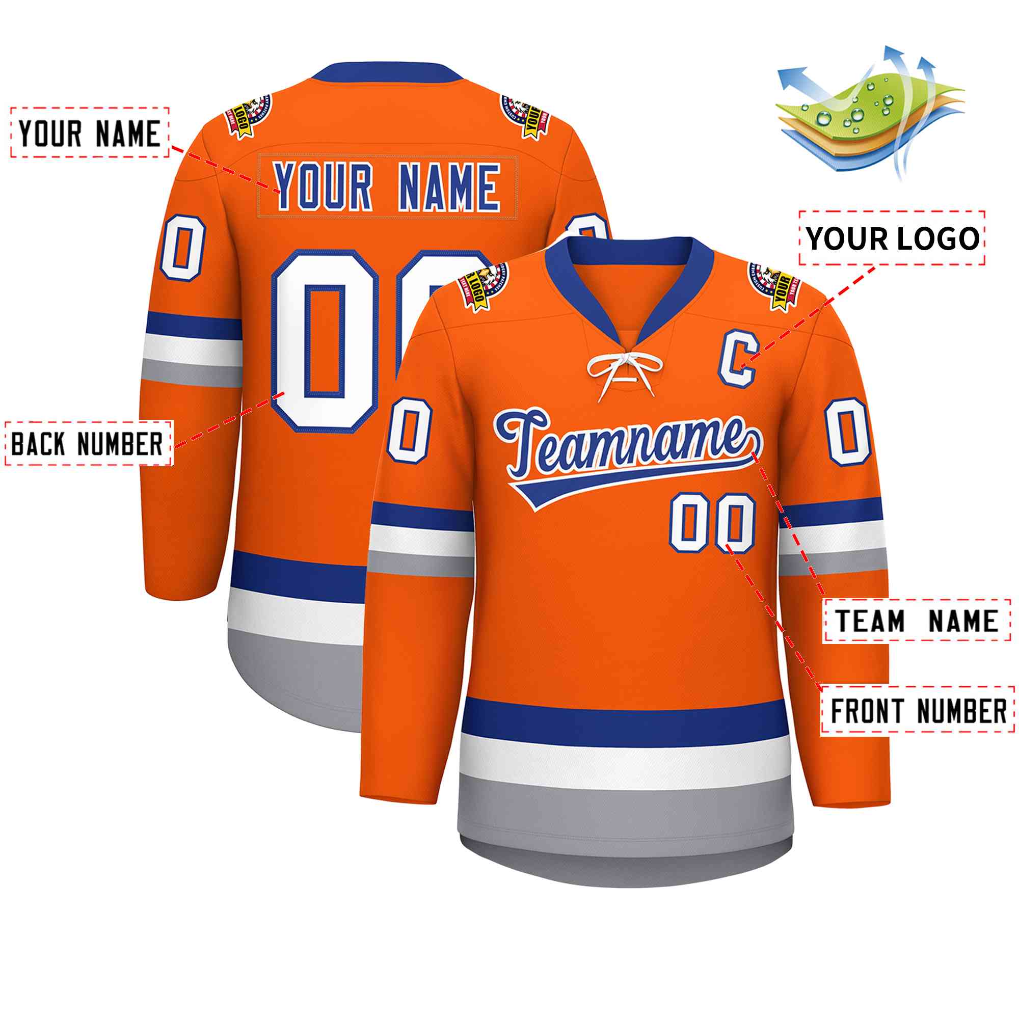 Custom Orange Royal-White Lace-Up Neck Hockey Jersey