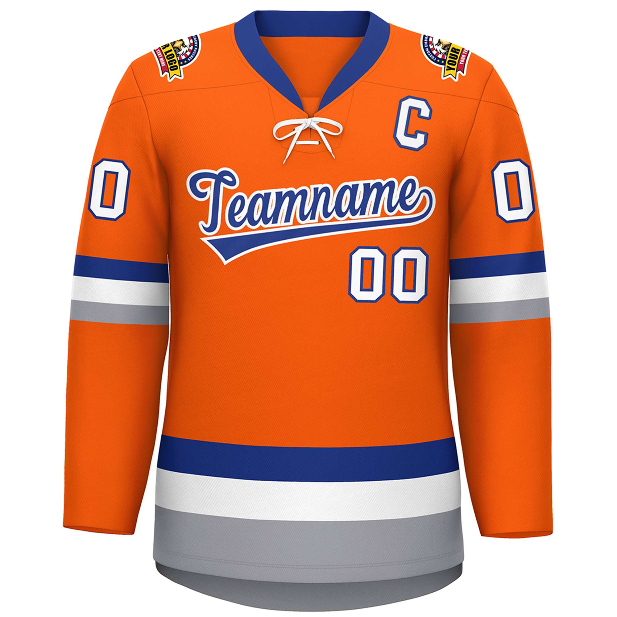 Custom Orange Royal-White Lace-Up Neck Hockey Jersey