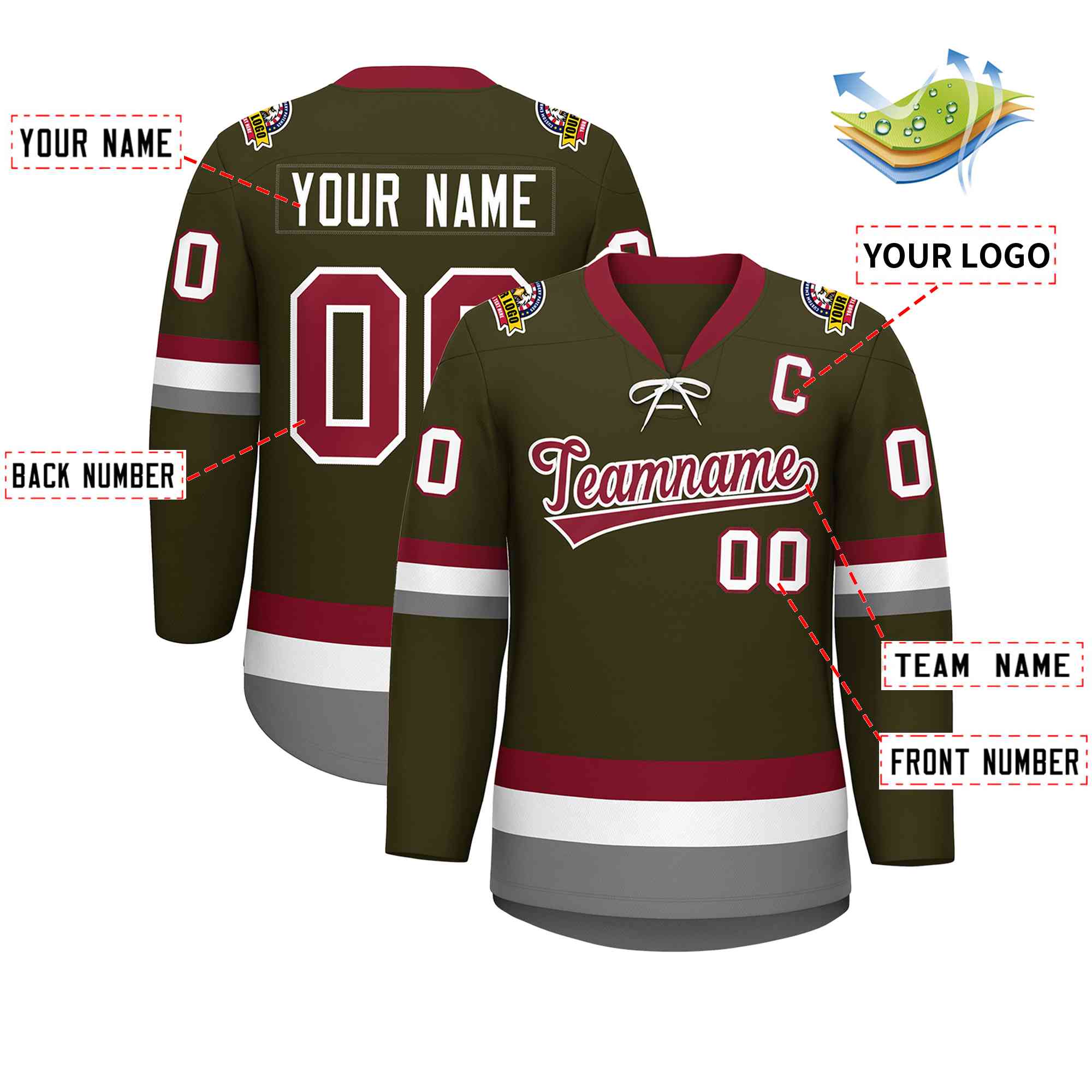 Custom Olive Crimson-White Lace-Up Neck Hockey Jersey