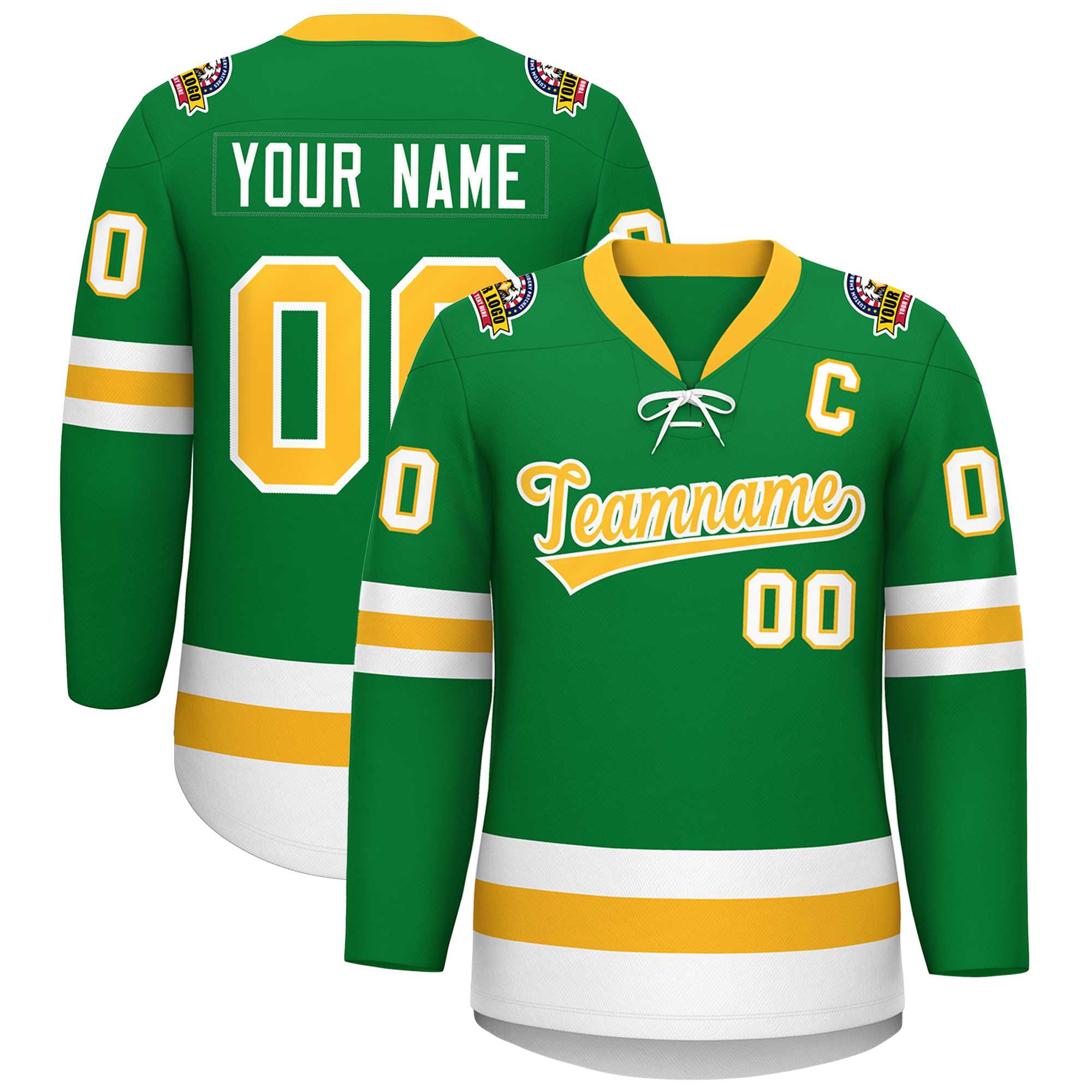 Custom Kelly Green Gold-White Lace-Up Neck Hockey Jersey