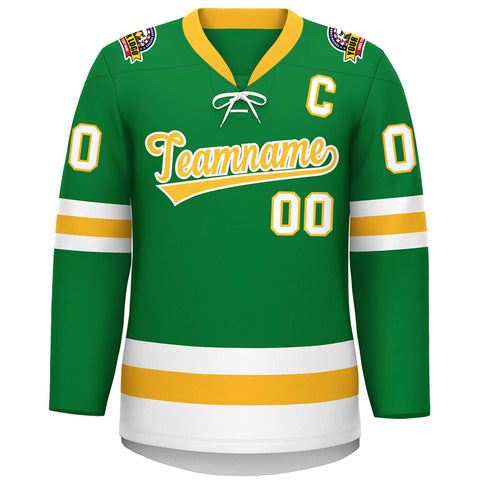Custom Kelly Green Gold-White Lace-Up Neck Hockey Jersey