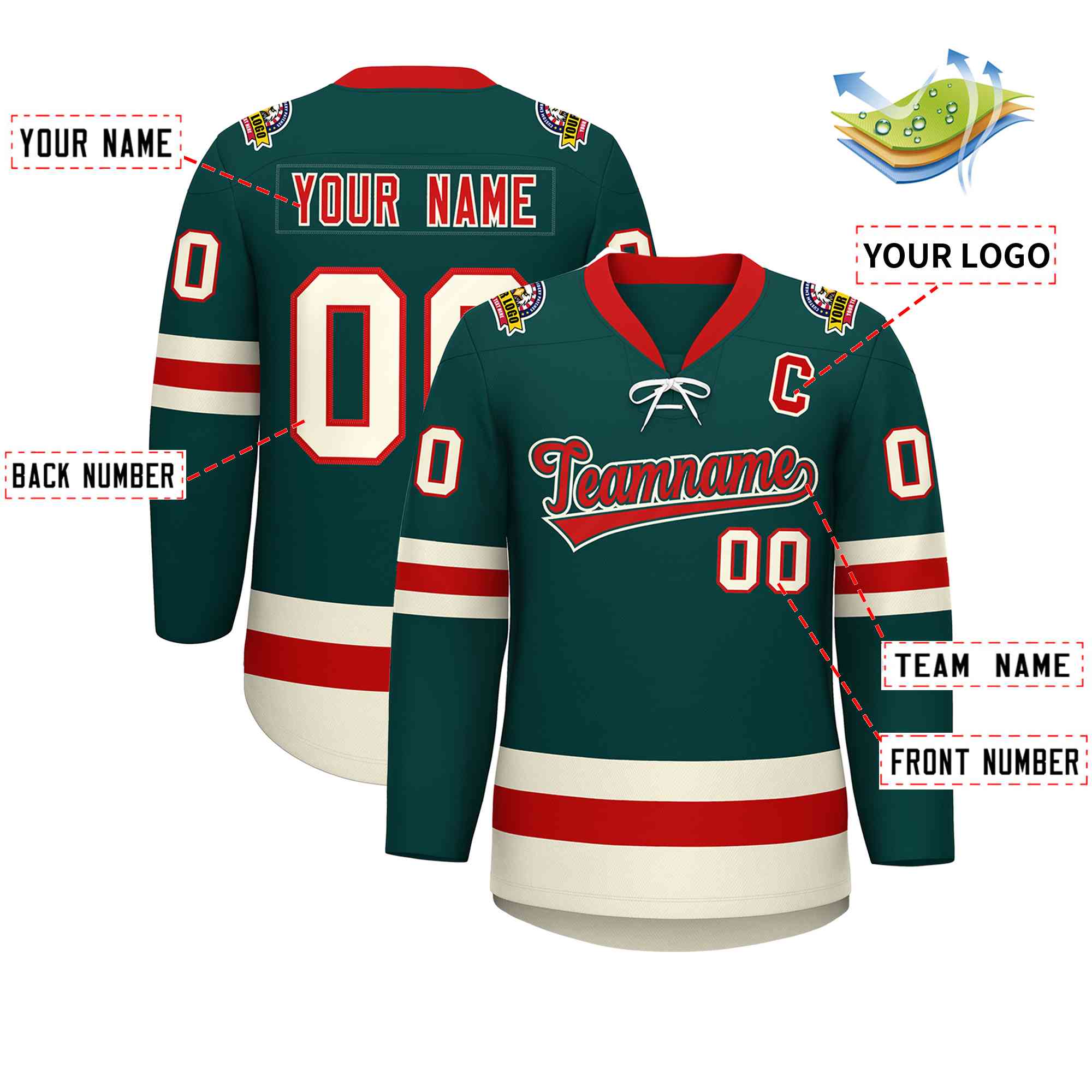 Custom Midnight Green Red-Cream Lace-Up Neck Hockey Jersey