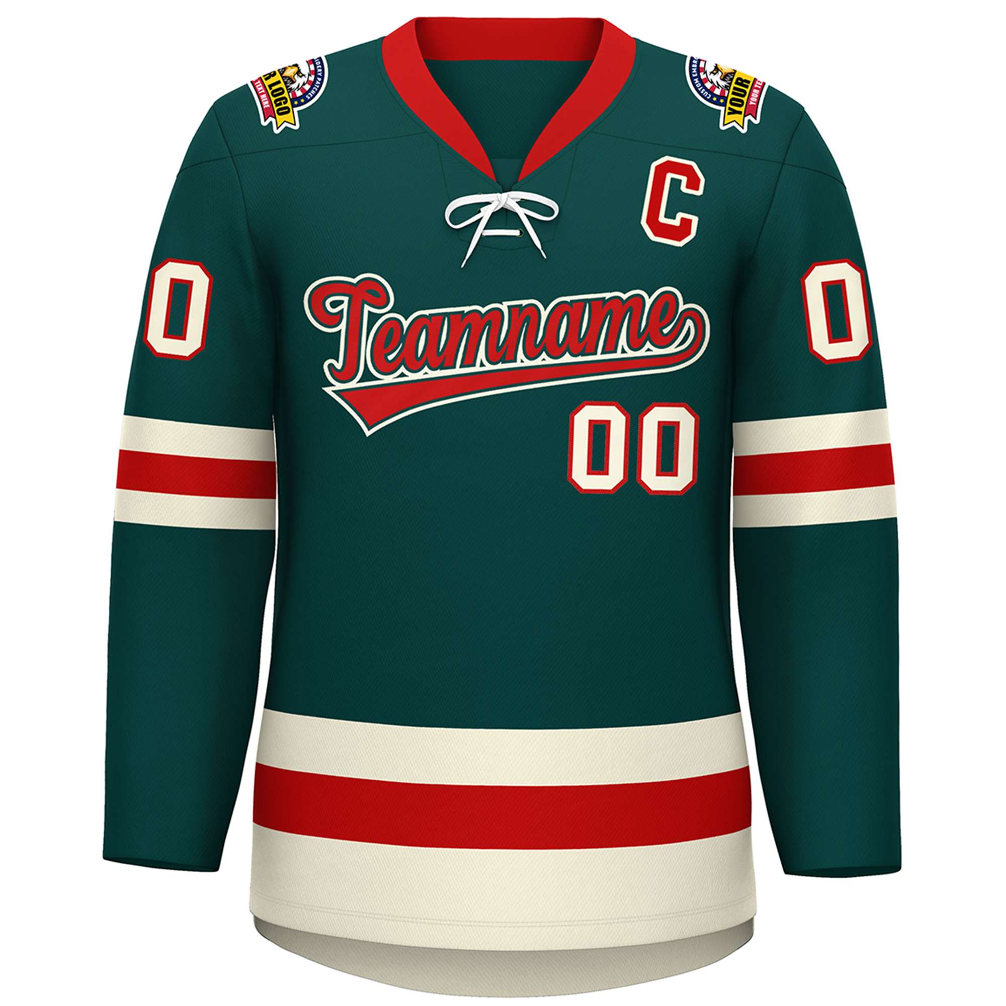 Custom Midnight Green Red-Cream Lace-Up Neck Hockey Jersey