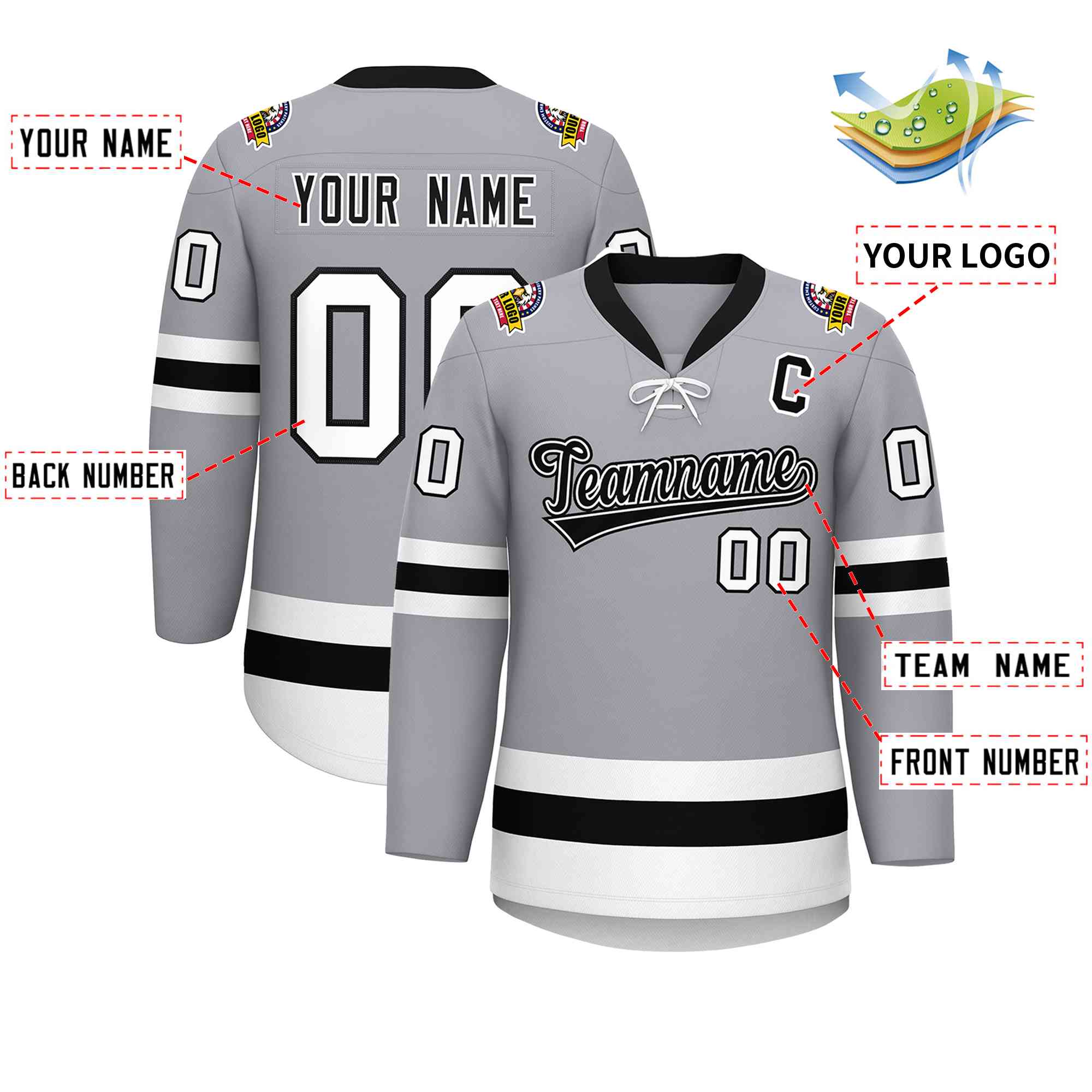 Custom Gray Black-White Lace-Up Neck Hockey Jersey