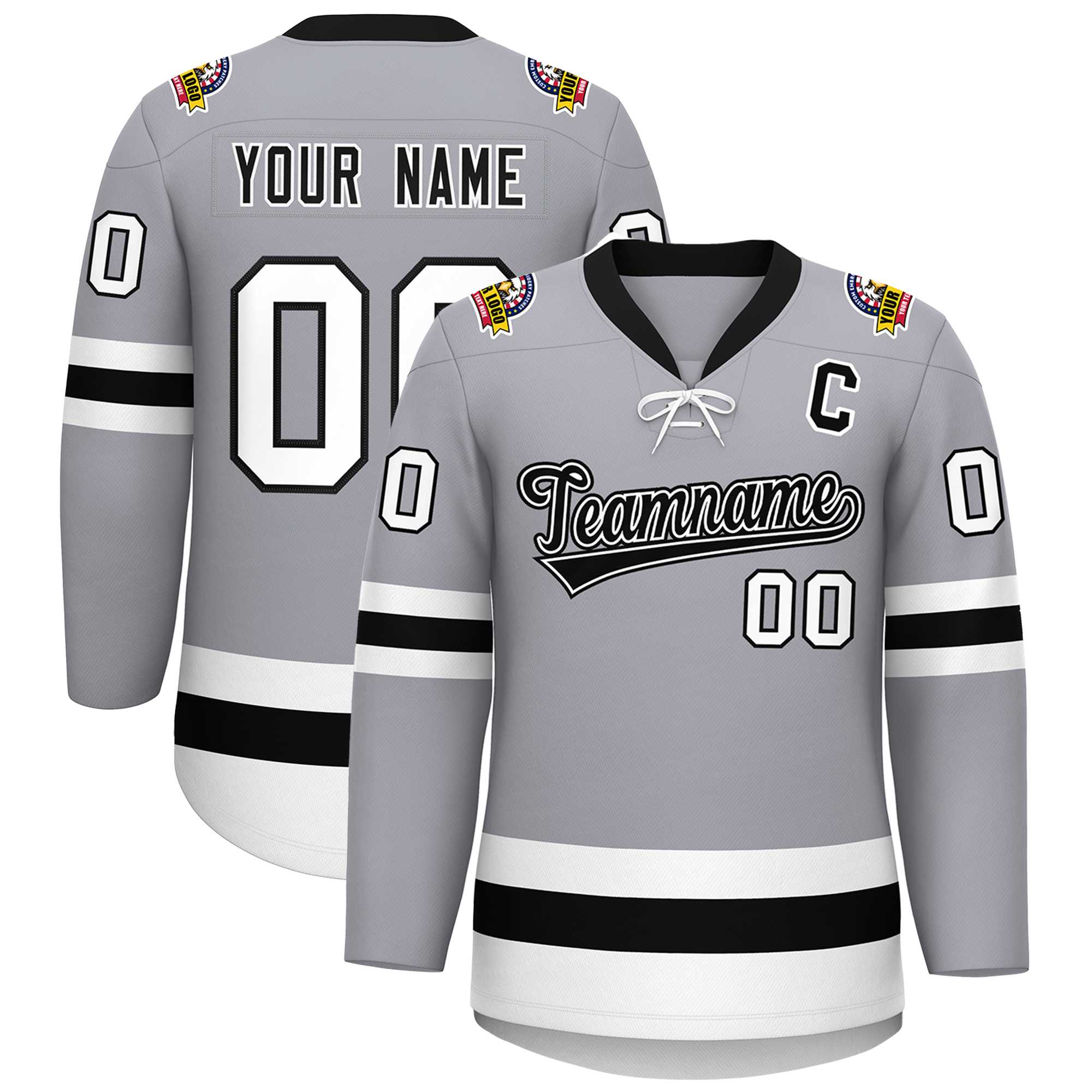 Custom Gray Black-White Lace-Up Neck Hockey Jersey