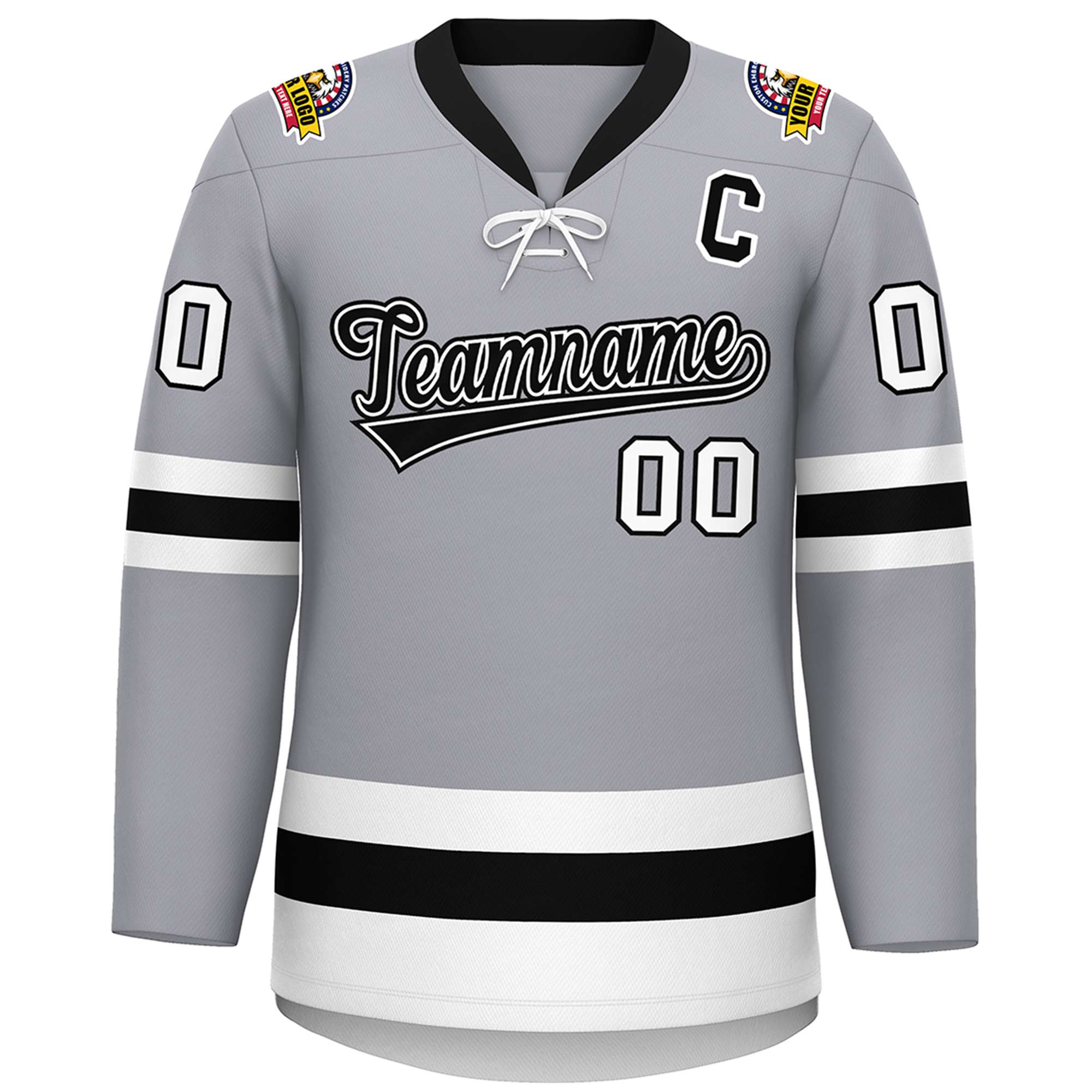 Custom Gray Black-White Lace-Up Neck Hockey Jersey