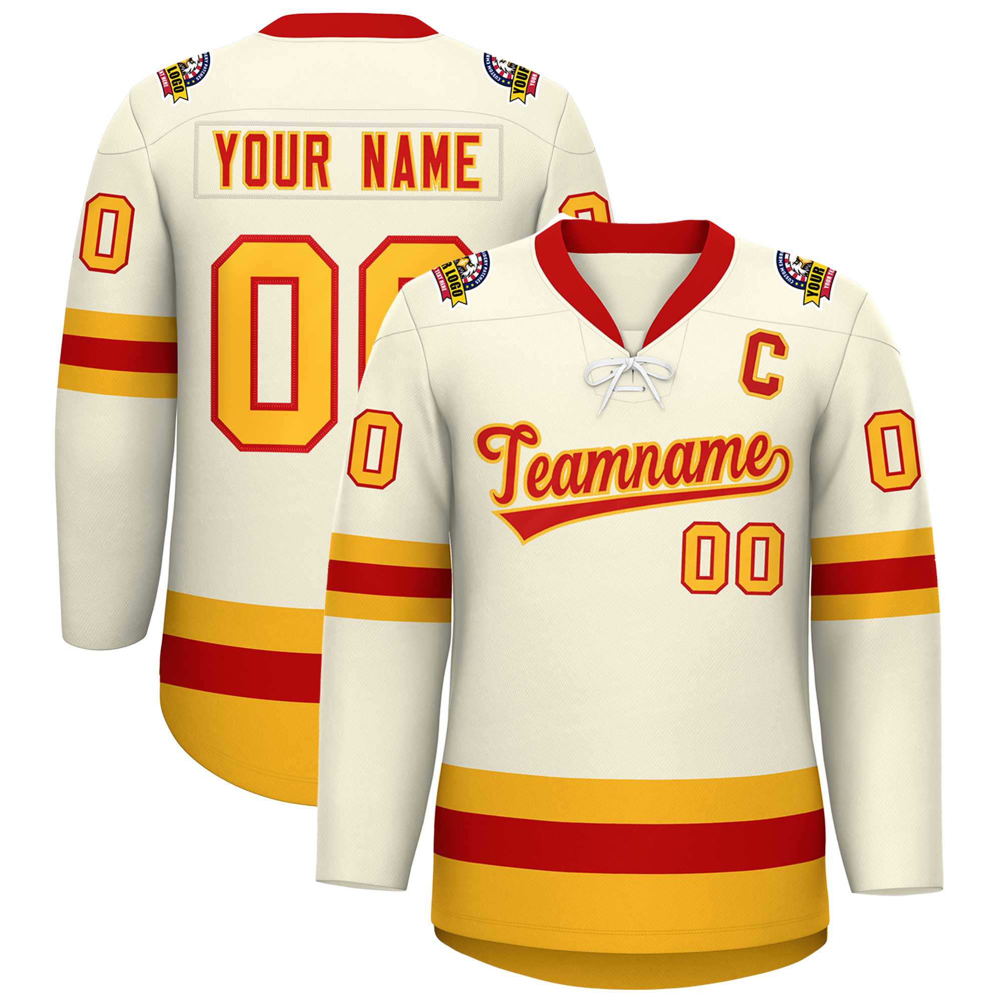 Custom Cream Red-Gold Lace-Up Neck Hockey Jersey