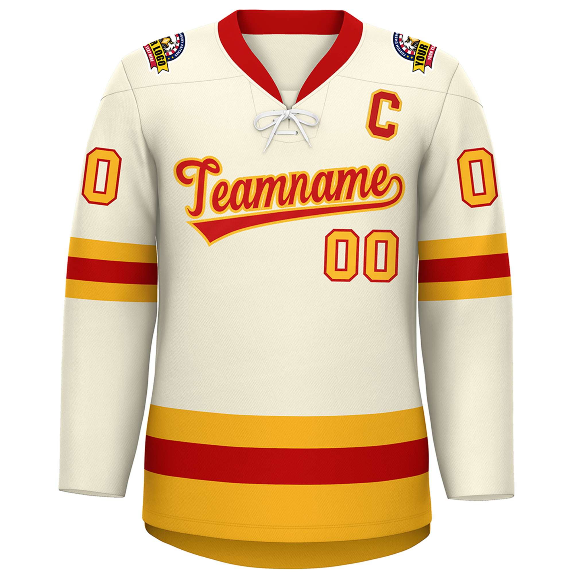 Custom Cream Red-Gold Lace-Up Neck Hockey Jersey