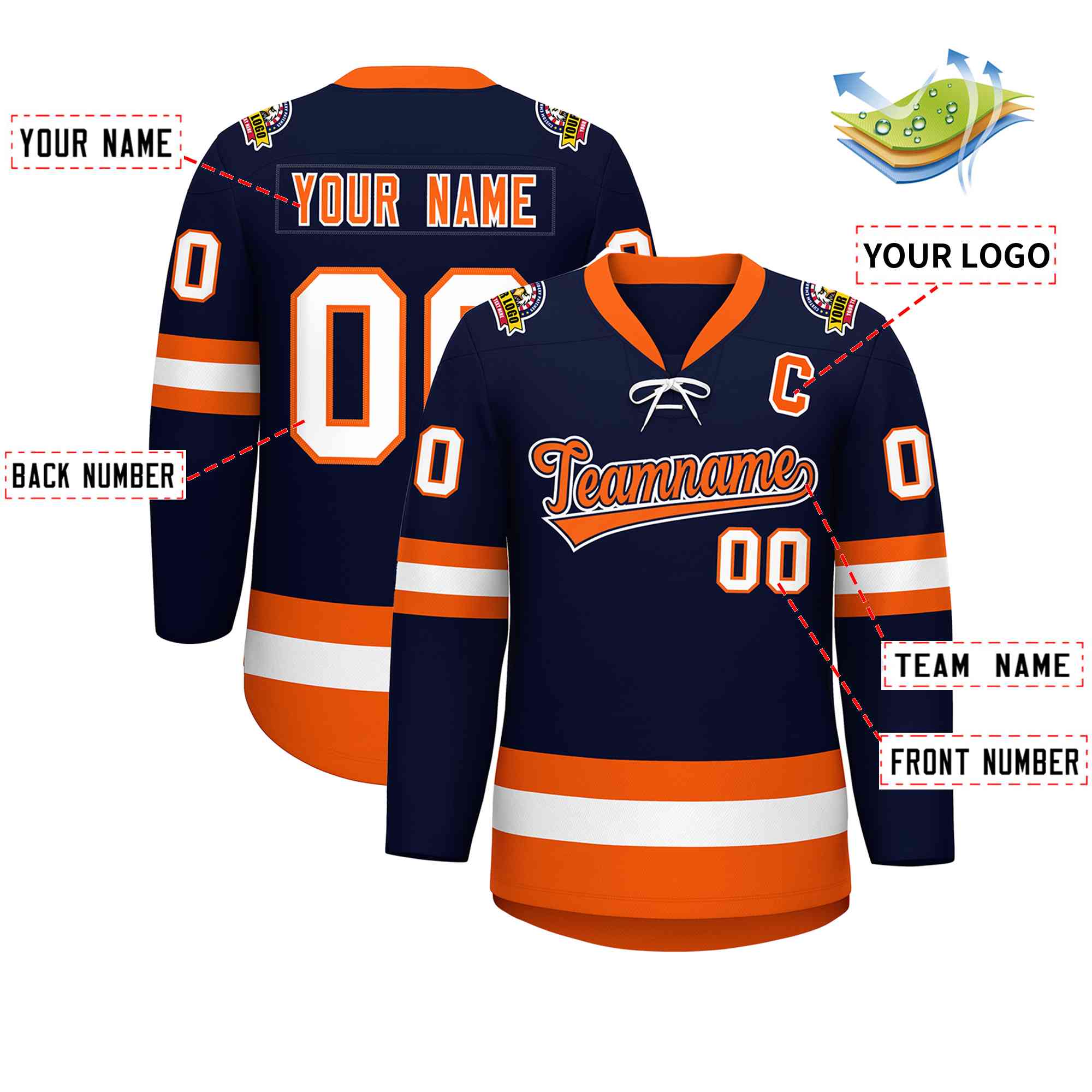 Custom Navy Orange-White Lace-Up Neck Hockey Jersey