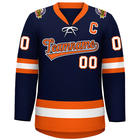 Custom Navy Orange-White Lace-Up Neck Hockey Jersey