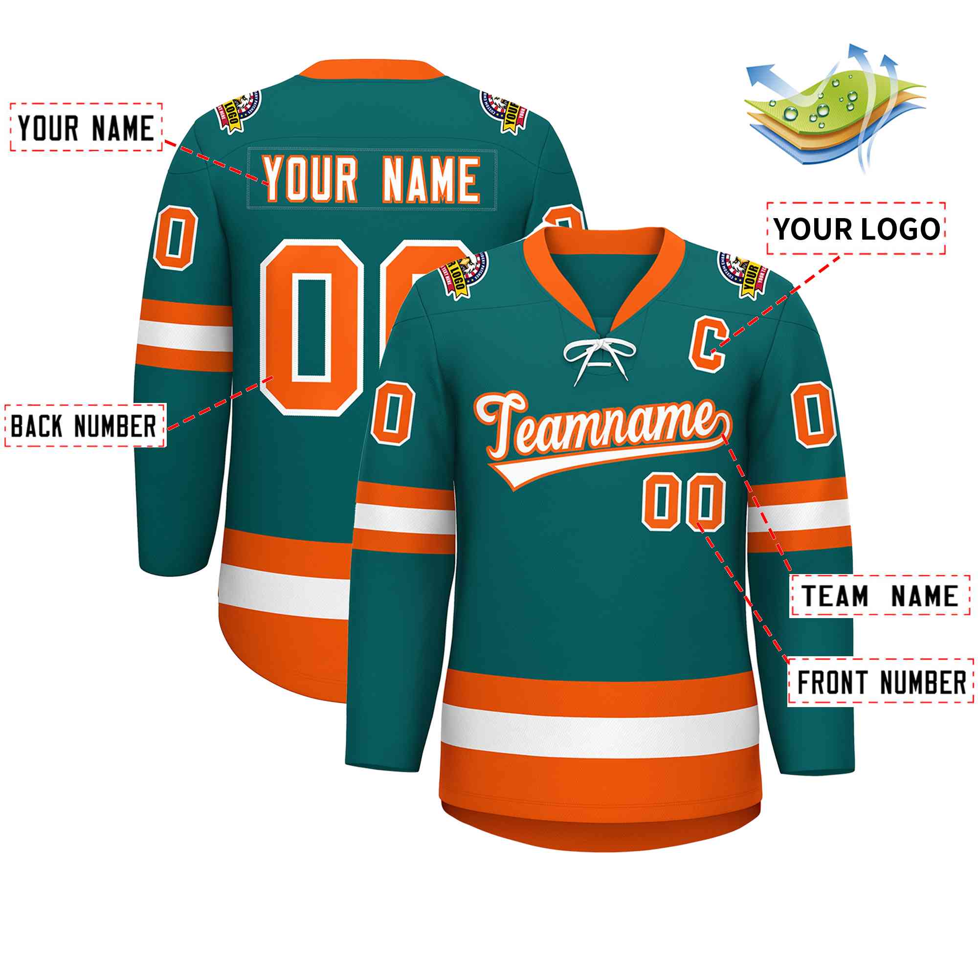 Custom Aqua White-Orange Lace-Up Neck Hockey Jersey