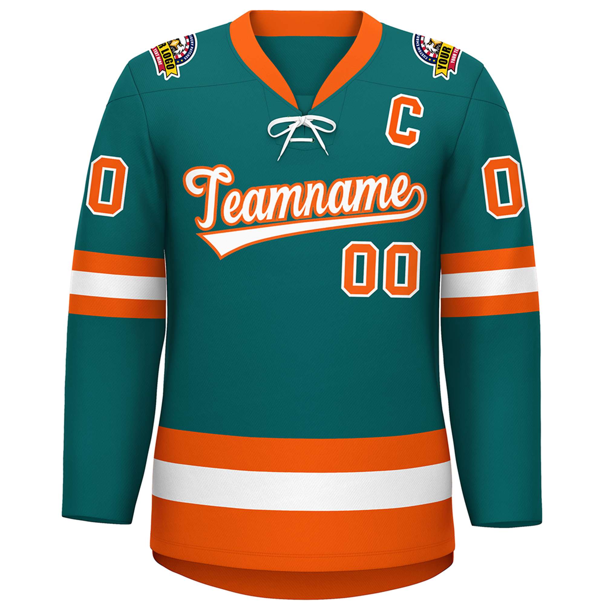 Custom Aqua White-Orange Lace-Up Neck Hockey Jersey