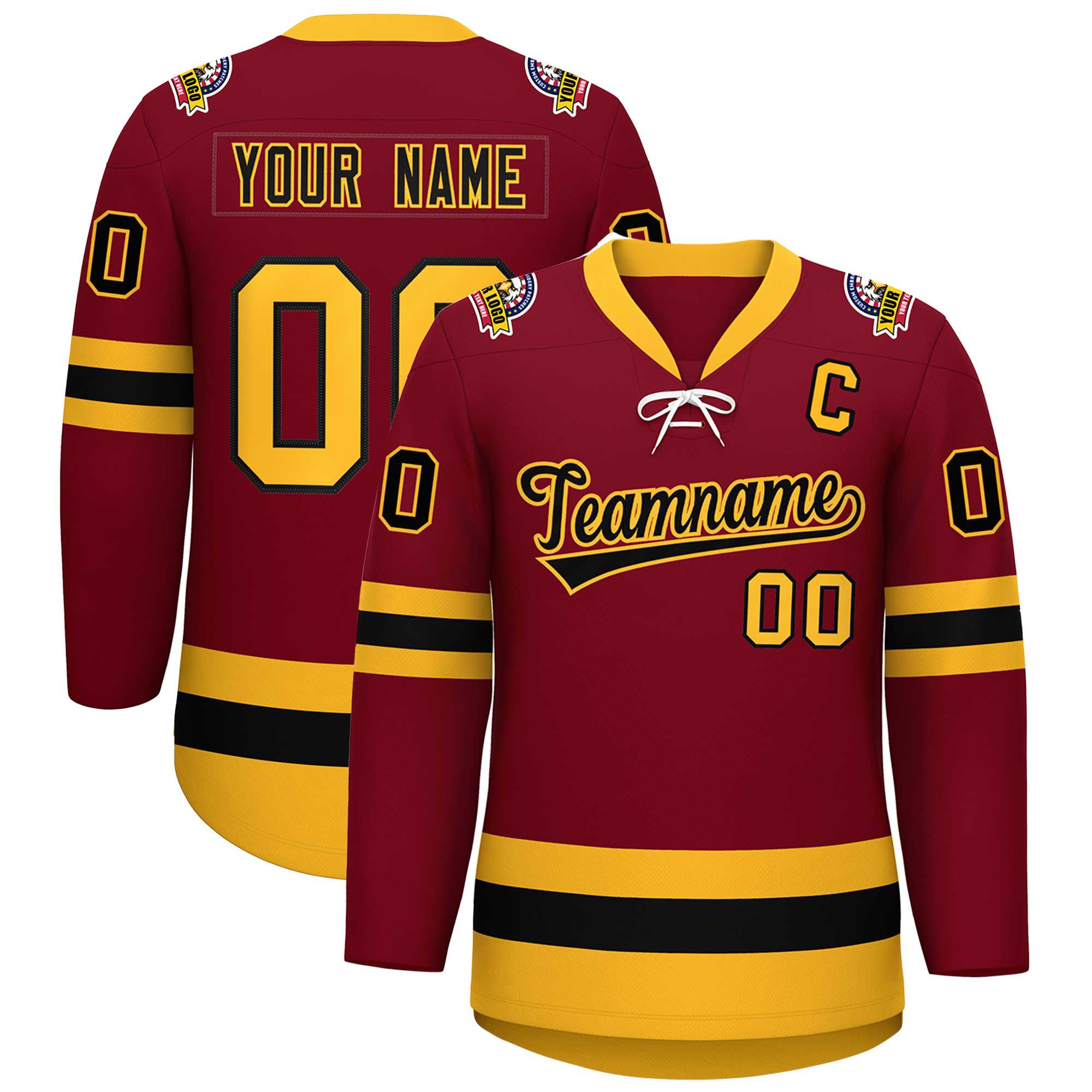 Custom Crimson Black-Gold Lace-Up Neck Hockey Jersey