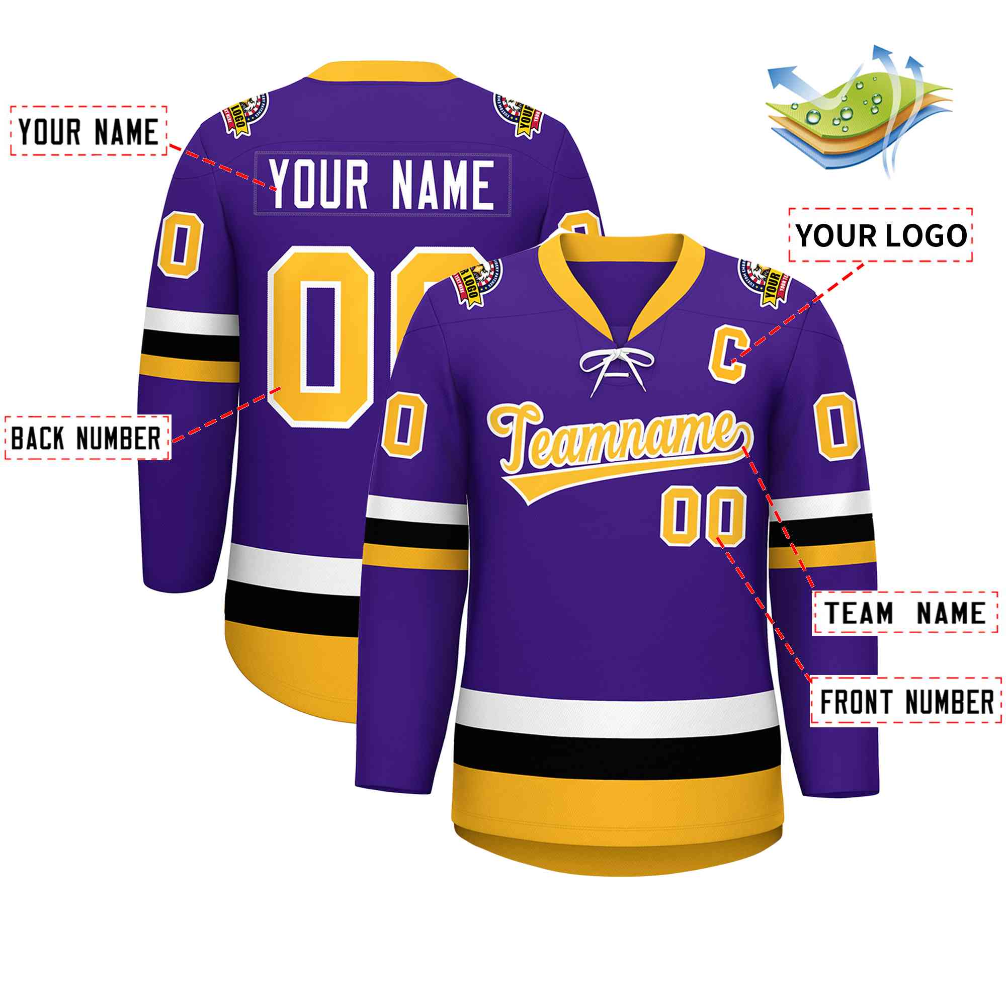 Custom Purple Gold-White Lace-Up Neck Hockey Jersey