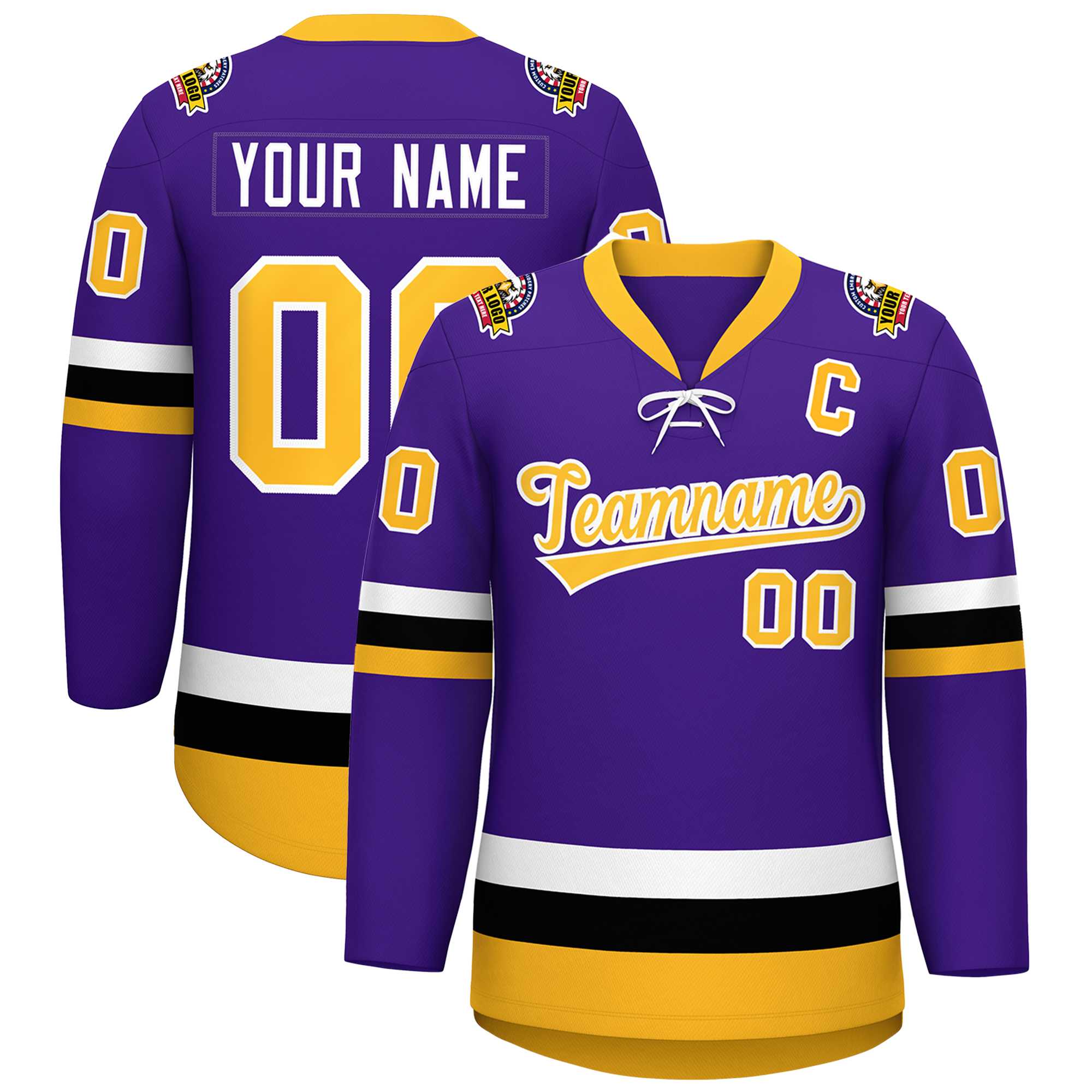 Custom Purple Gold-White Lace-Up Neck Hockey Jersey